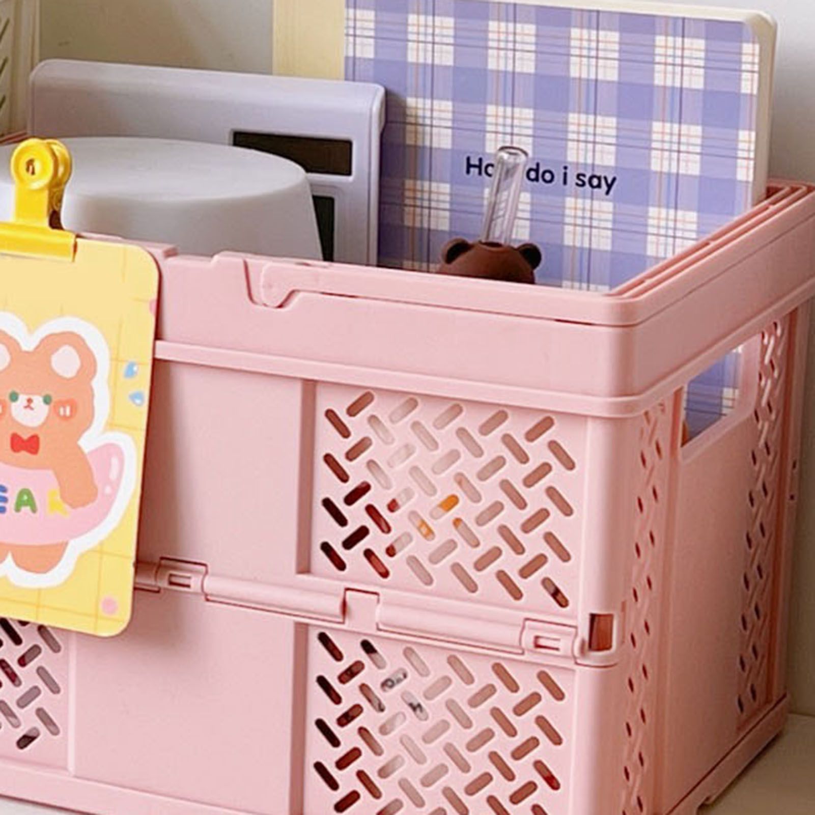 Folding Picnic Basket Stackable Storage Box Plastic Grocery Shopping Basket with Handles for Outdoor Home Pink - Image 4