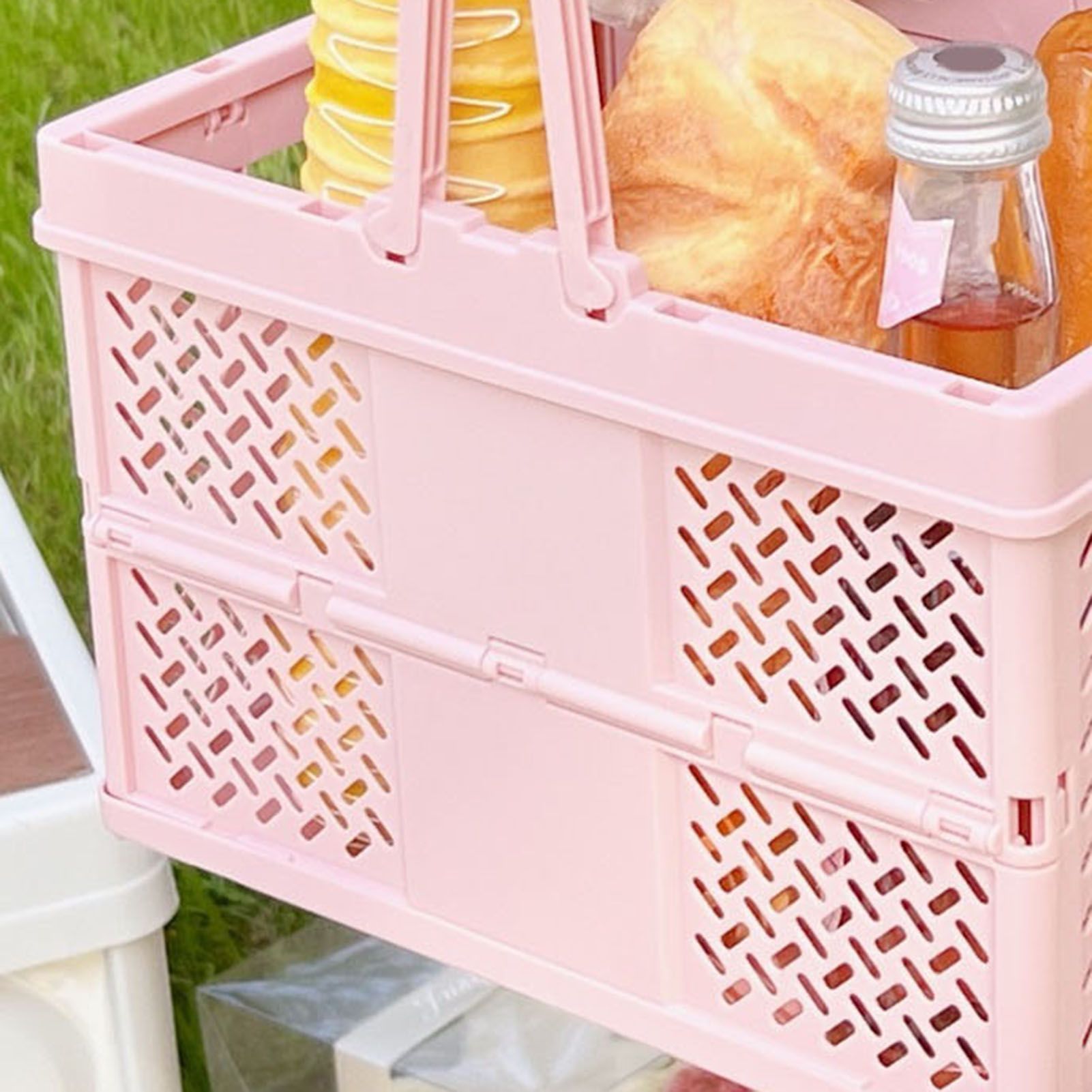 Folding Picnic Basket Stackable Storage Box Plastic Grocery Shopping Basket with Handles for Outdoor Home Pink - Image 5