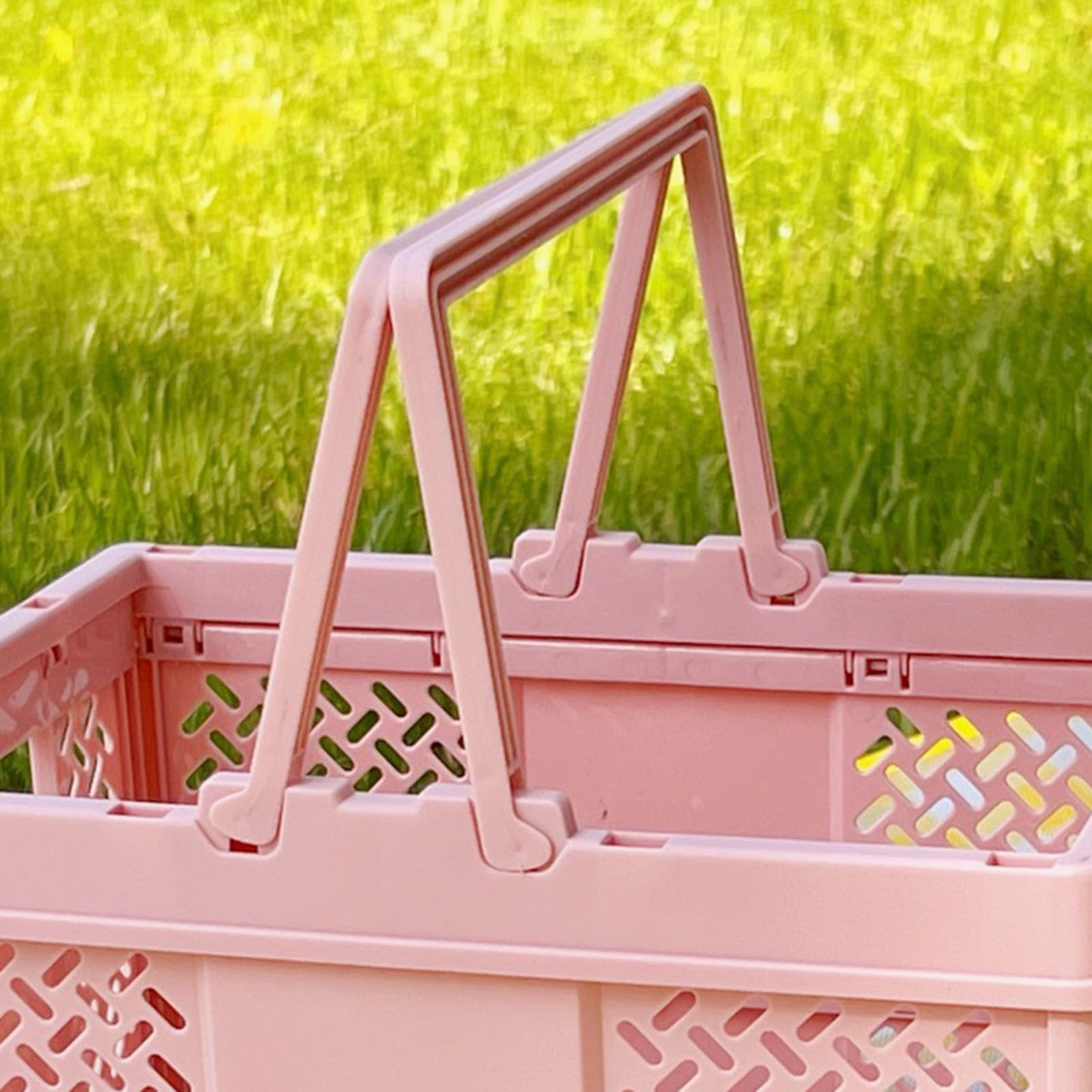 Folding Picnic Basket Stackable Storage Box Plastic Grocery Shopping Basket with Handles for Outdoor Home Pink - Image 6