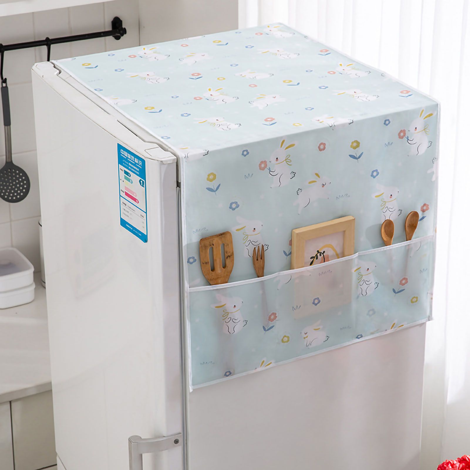 Refrigerator Dust Cover PEVA Home Water and Oil Proofing Refrigerator Cover Towel for Kitchen Rabbit 130x55cm/51.2x21.7in - Image 1