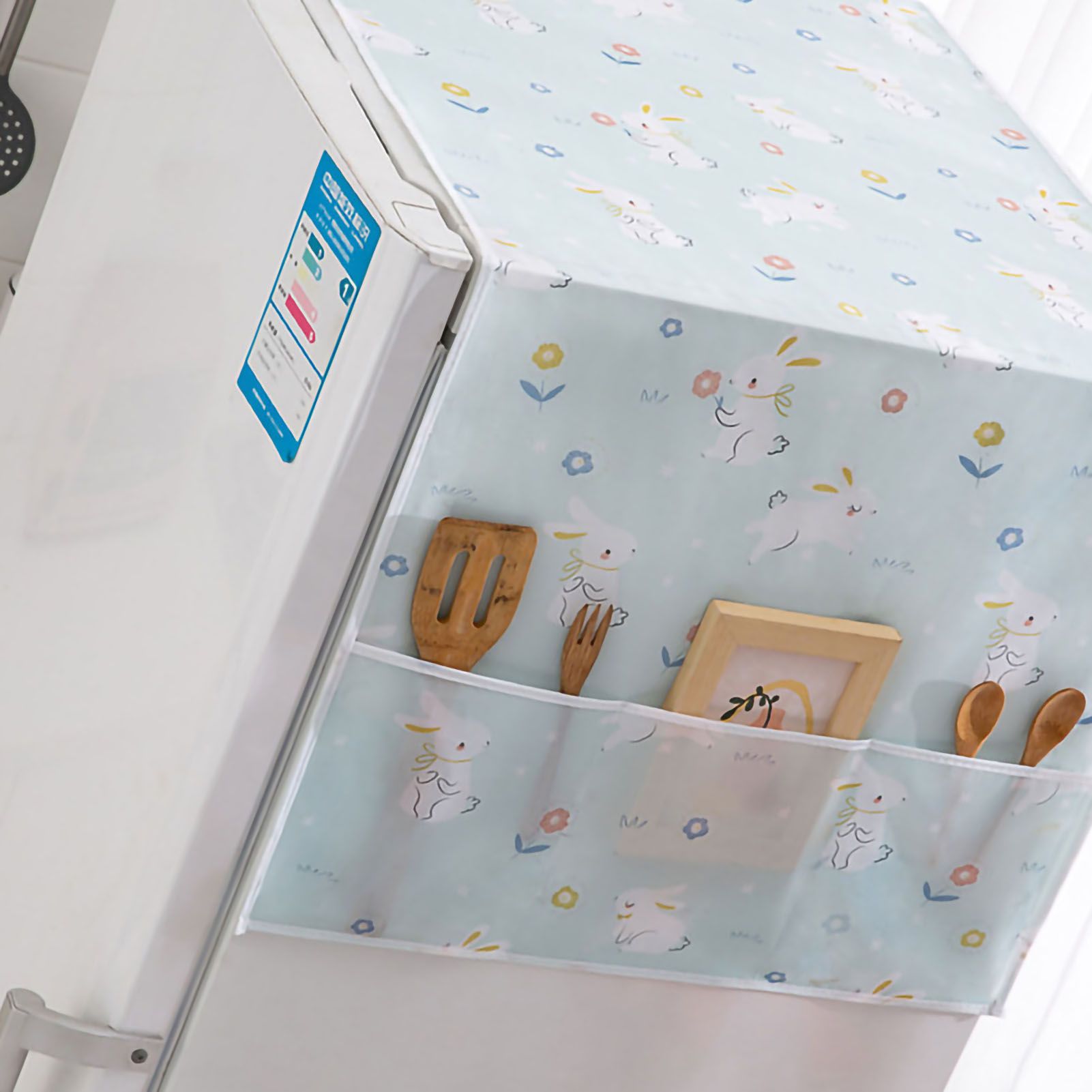 Refrigerator Dust Cover PEVA Home Water and Oil Proofing Refrigerator Cover Towel for Kitchen Rabbit 130x55cm/51.2x21.7in - Image 3