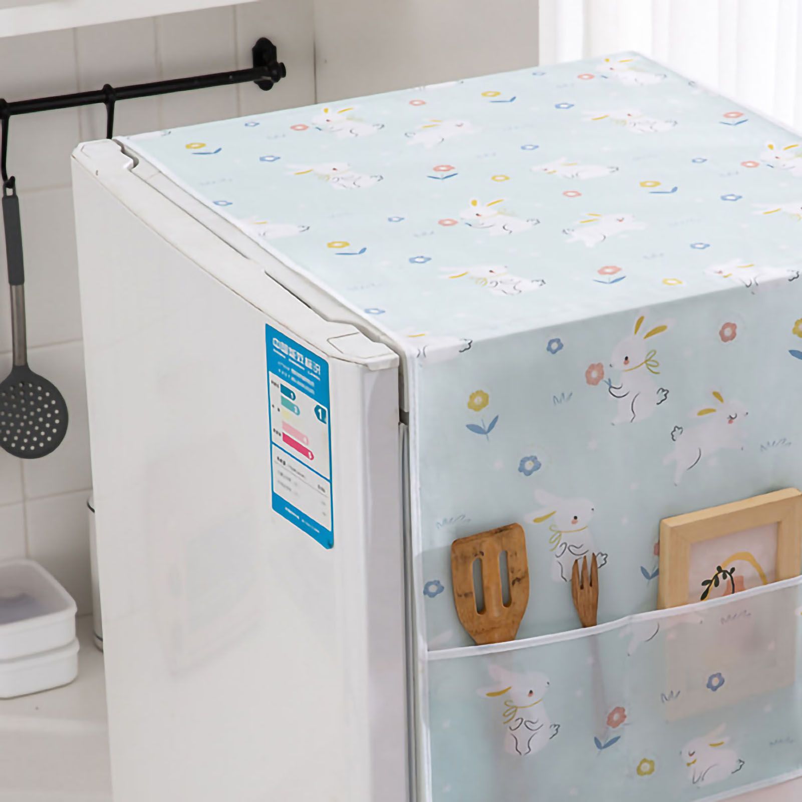 Refrigerator Dust Cover PEVA Home Water and Oil Proofing Refrigerator Cover Towel for Kitchen Rabbit 130x55cm/51.2x21.7in - Image 4