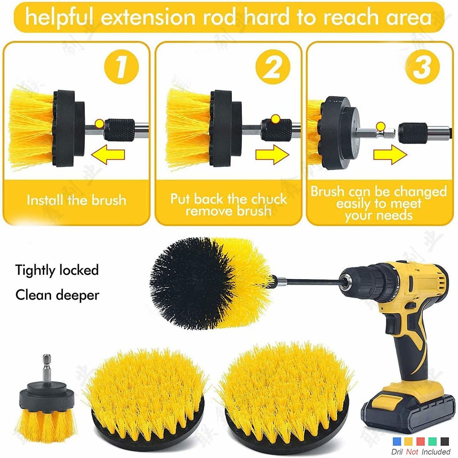 Electric Drill Brush Head Labor Saving Efficient Drill Brush Attachment Set for Kitchen Bathroom Yellow 4 Piece Set - Image 4