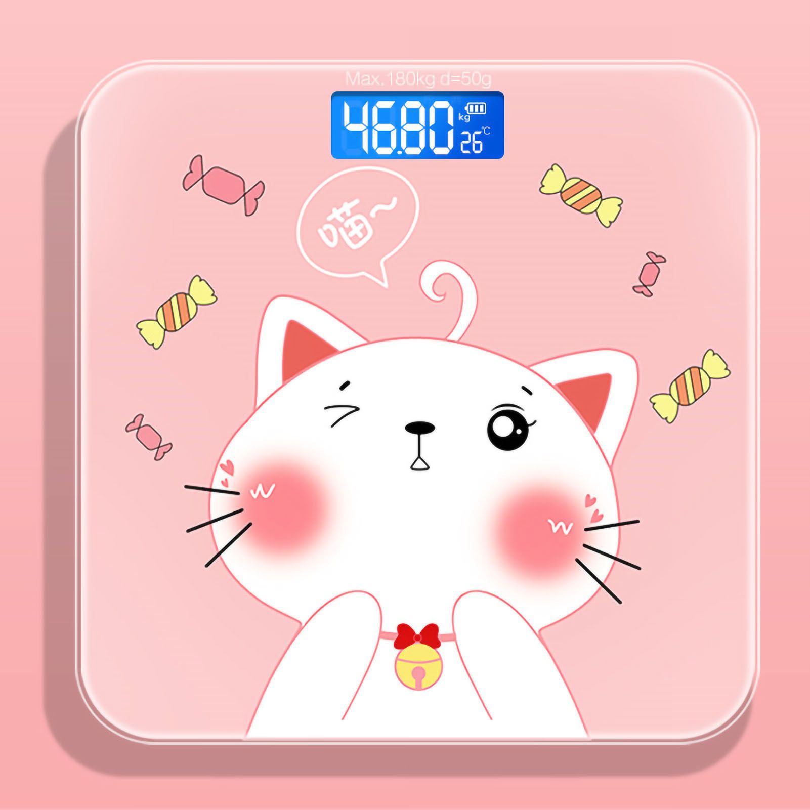 Digital Weight Scale Tempered Glass Smart Accurate Measurement Digital Weight Scale for Home Use LCD Candy Cat 26x26cm / 10.2x10.2in Battery Model - Image 1