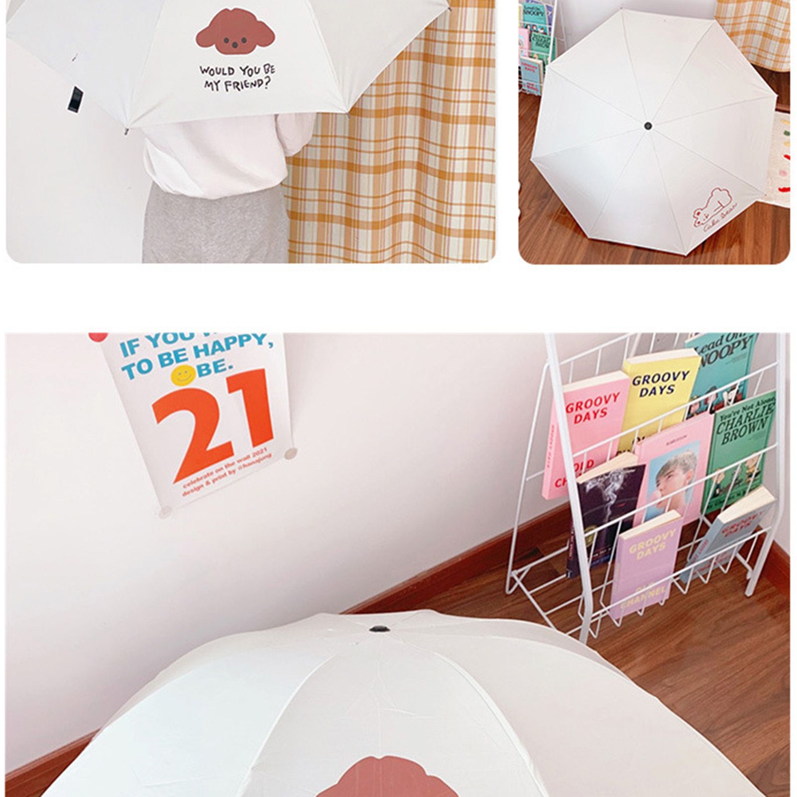 Fashion Korean Version Sun Umbrella UV Isolation Portable Foldable Umbrella Black Vinyl Cute Cartoon Pattern White Dog - Image 4