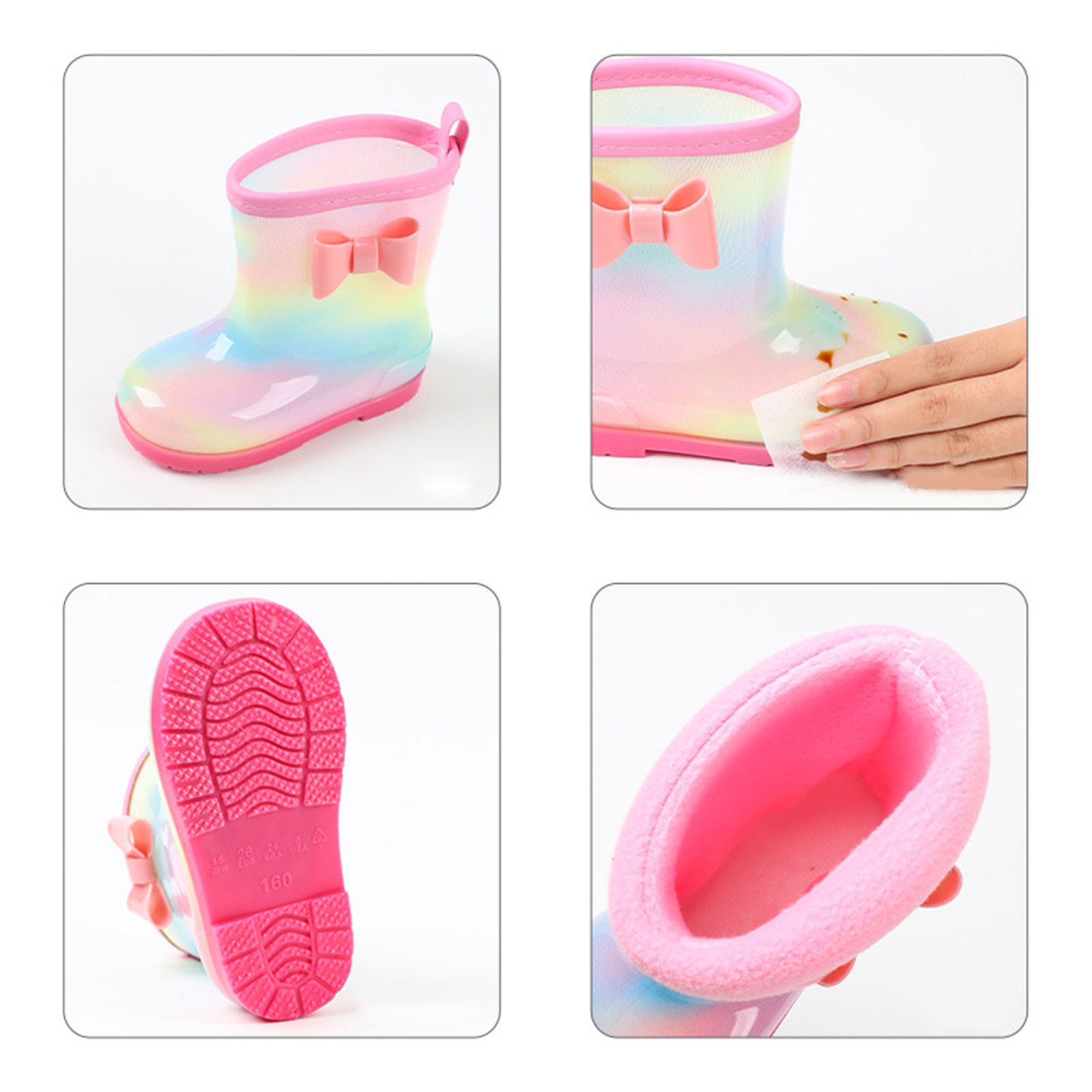1 Pair Kids Rain Boots Four Seasons Universal Children's Rainbow Bow Non Slip Waterproof Breathable Rain Boots Pink 150mm (Inner Length 145mm) - Image 3