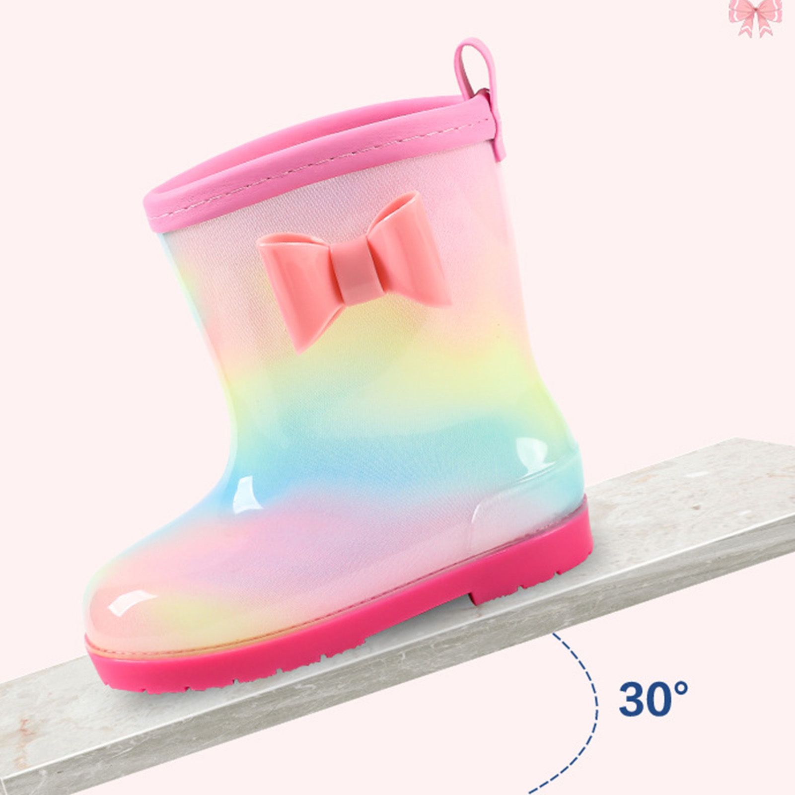 1 Pair Kids Rain Boots Four Seasons Universal Children's Rainbow Bow Non Slip Waterproof Breathable Rain Boots Pink 150mm (Inner Length 145mm) - Image 4