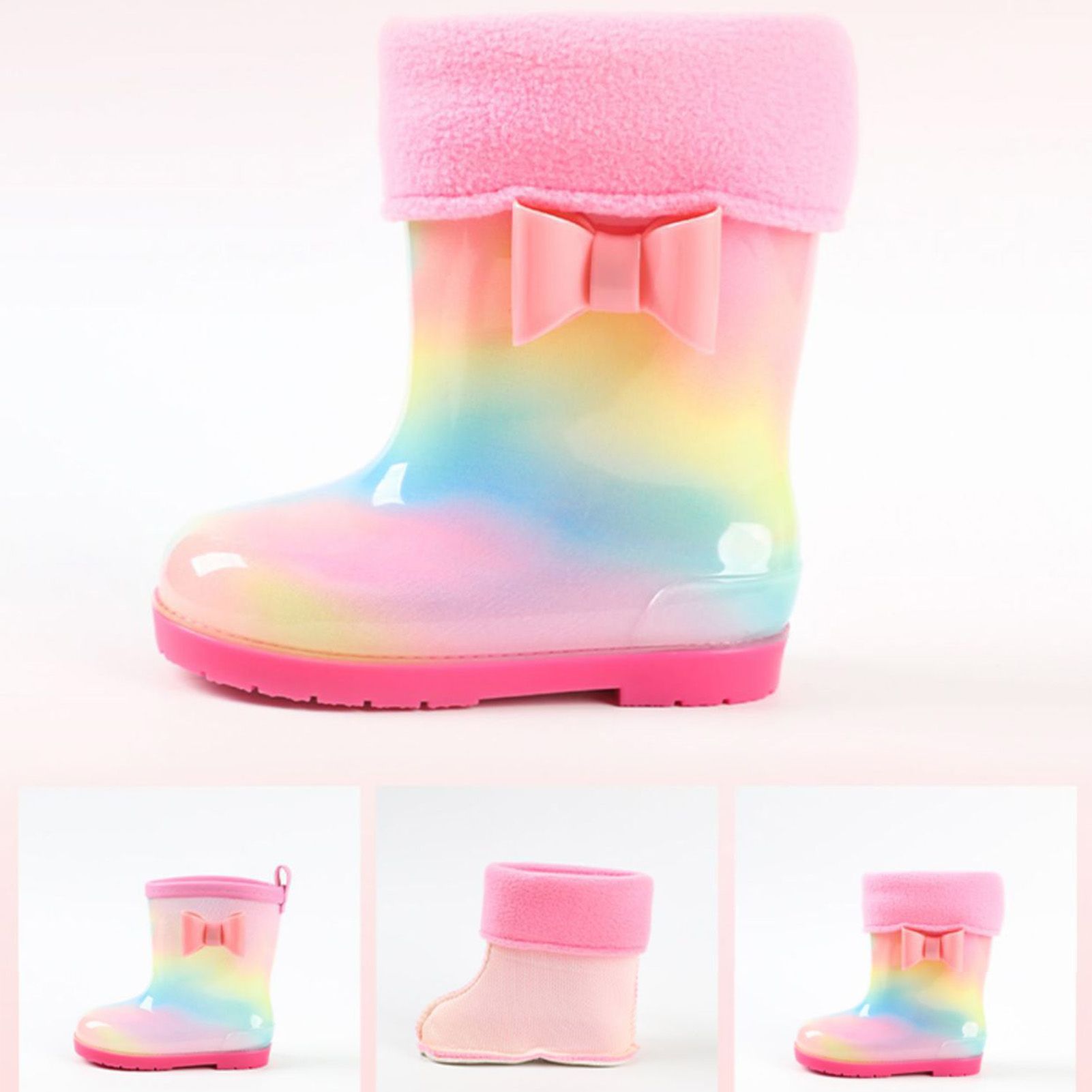 1 Pair Kids Rain Boots Four Seasons Universal Children's Rainbow Bow Non Slip Waterproof Breathable Rain Boots Pink 150mm (Inner Length 145mm) - Image 5