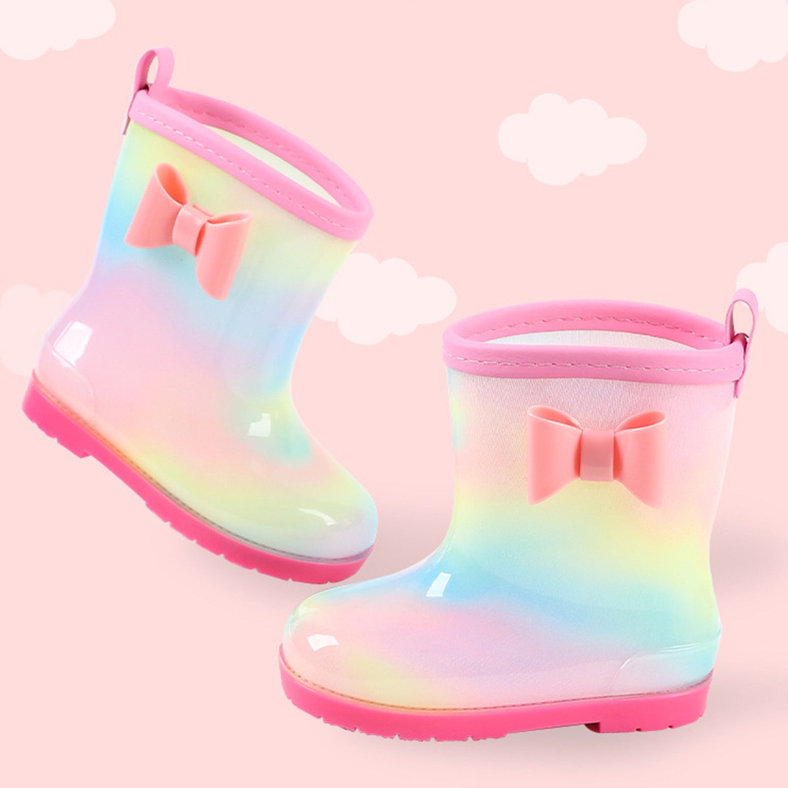 1 Pair Kids Rain Boots Four Seasons Universal Children's Rainbow Bow Non Slip Waterproof Breathable Rain Boots Pink 150mm (Inner Length 145mm) - Image 8
