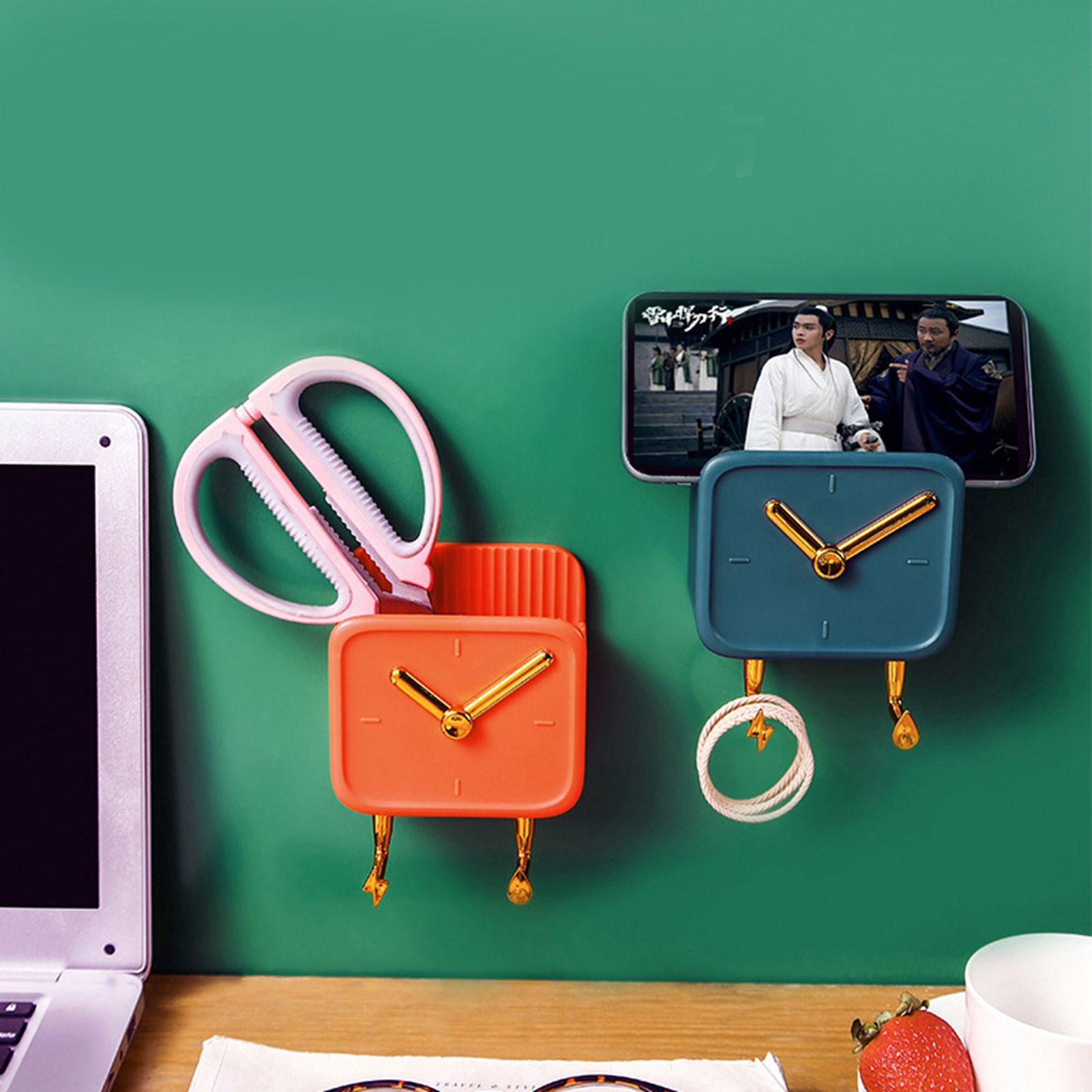 Wall Mounted Storage Box PP Clock Shaped Multifunctional Container with Hooks for Dormitory Bedside Orange - Image 2