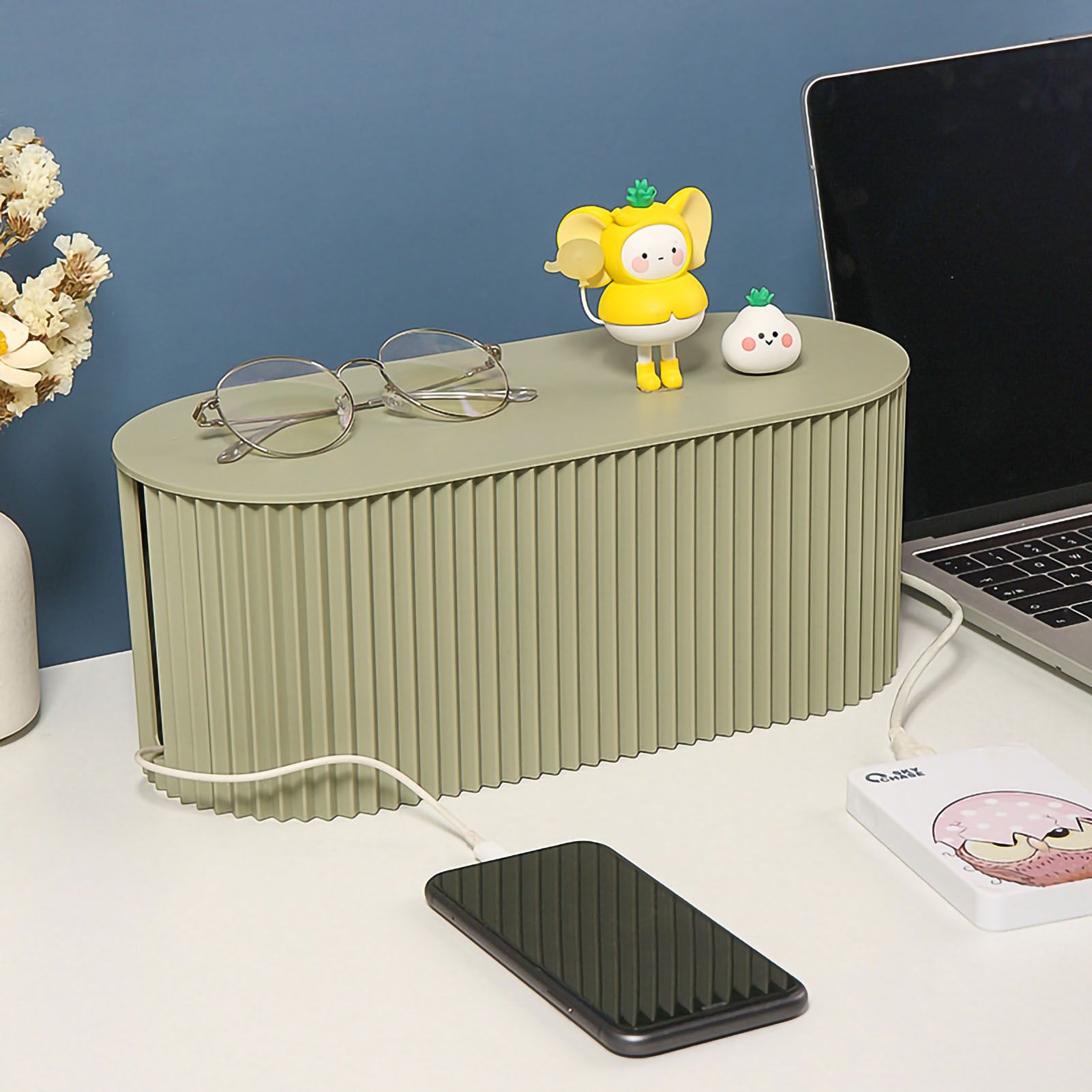 Cable Organizer Box Large Capacity Durable ABS Detachable Cover Insulated Cord Management Box for PC TV Appliances Greyish Green Large Size - Image 1