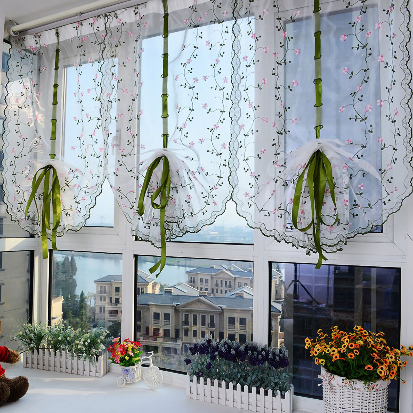 Embroidered Roman Sheer Curtain Classical Floral Window Screen Elegant Embroidered Roman Shade for Bedroom Balcony 1.5m/59.1in Height - Image 1