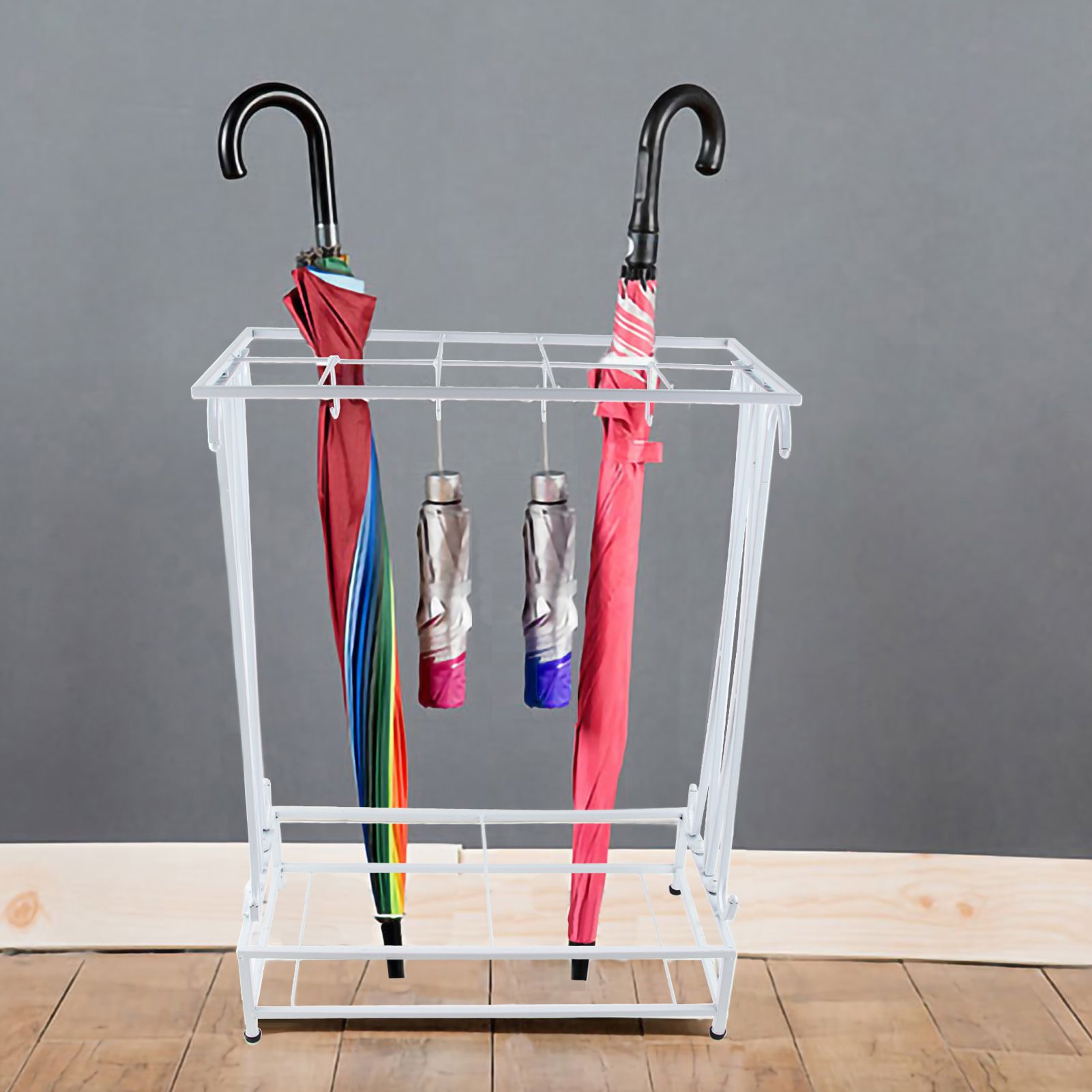 Umbrella Storage Rack Iron with Drip Tray 10 Holes 8 Hooks Umbrella Rack Stand for Home Hotel Lobby White - Image 8