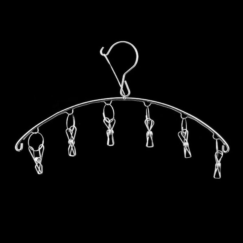 Clothes Drying Hanger Stainless Steel Thick Arc Shaped Windproof Sock Hanger for Socks Towels Bras Underwear 6 Clips - Image 1