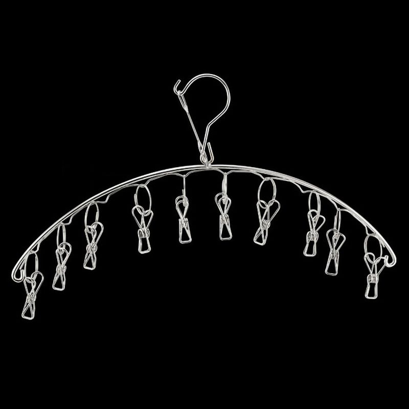 Clothes Drying Hanger Stainless Steel Thick Arc Shaped Windproof Sock Hanger for Socks Towels Bras Underwear 10 Clips - Image 1