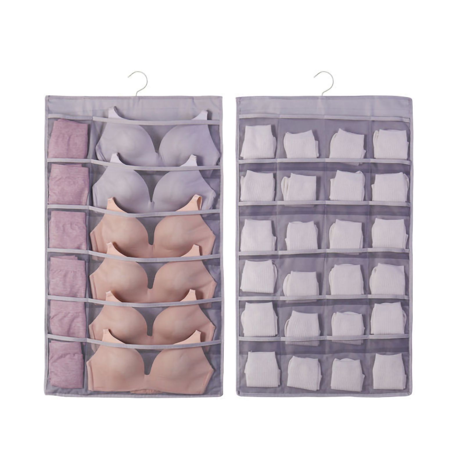 Hanging Bra Organizer Oxford Fabric Double Sides Breathable Large Capacity Underwear Storage Organizer for Bra Socks Gray, Front 12, Back 24 - Image 1