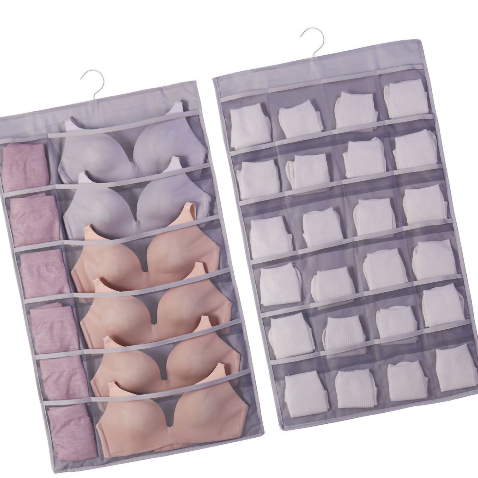 Hanging Bra Organizer Oxford Fabric Double Sides Breathable Large Capacity Underwear Storage Organizer for Bra Socks Gray, Front 12, Back 24 - Image 2