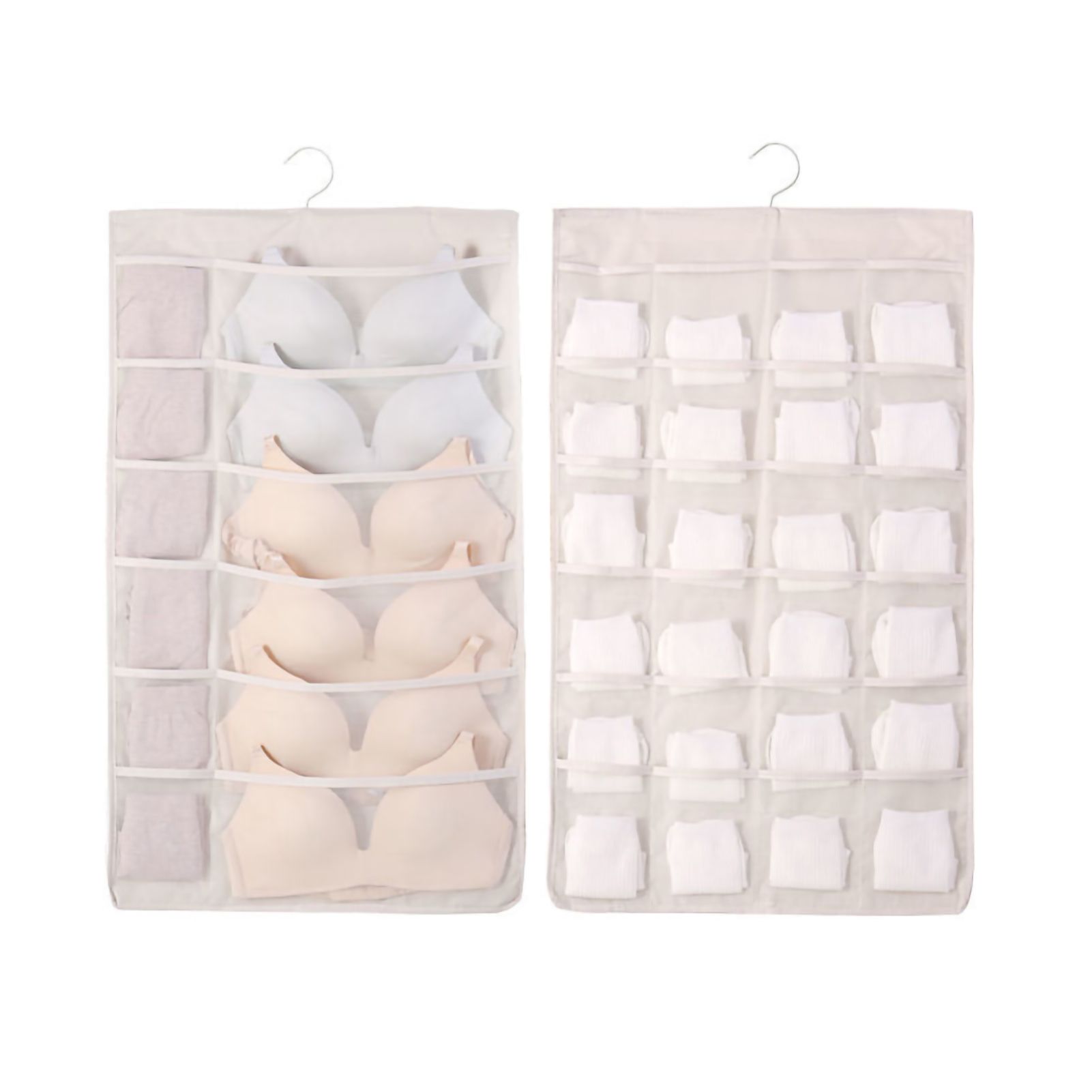 Hanging Bra Organizer Oxford Fabric Double Sides Breathable Large Capacity Underwear Storage Organizer for Bra Socks Beige, Front 12, Back 24 - Image 1