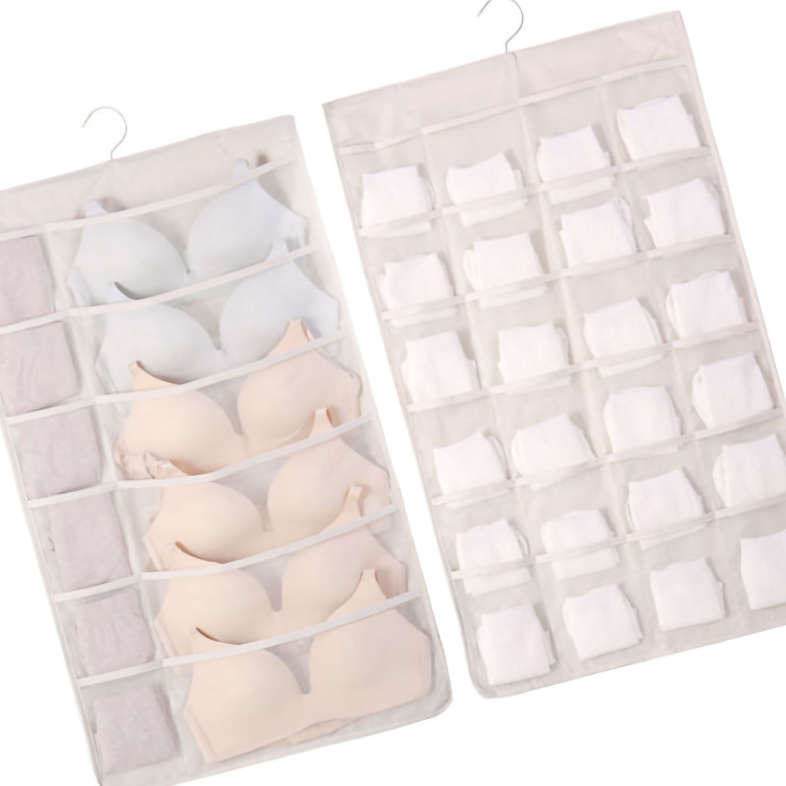 Hanging Bra Organizer Oxford Fabric Double Sides Breathable Large Capacity Underwear Storage Organizer for Bra Socks Beige, Front 12, Back 24 - Image 4