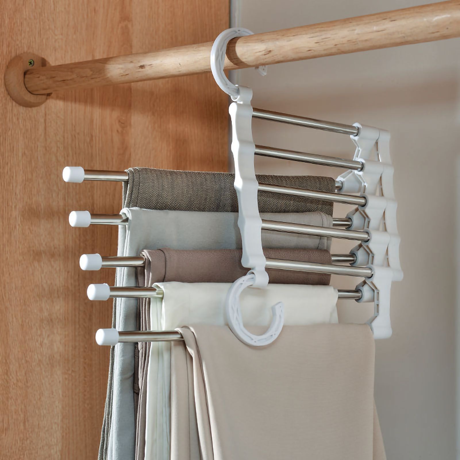 Stainless Steel Hangers Home Multifunctional Foldable Trouser Rack Retractable Trouser Storage Rack Trouser Rack White - Image 3
