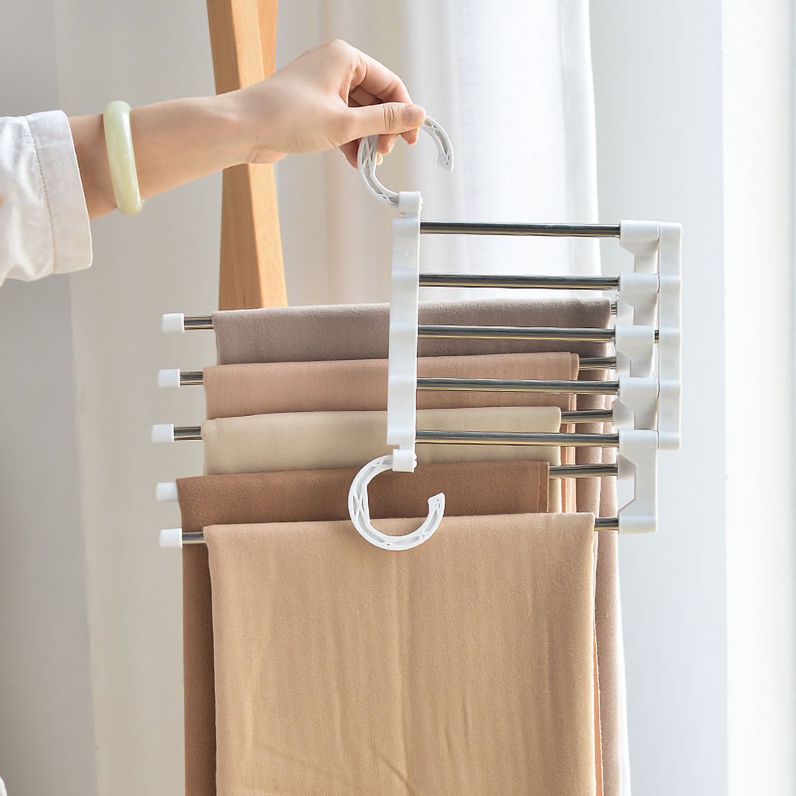 Stainless Steel Hangers Home Multifunctional Foldable Trouser Rack Retractable Trouser Storage Rack Trouser Rack White - Image 4
