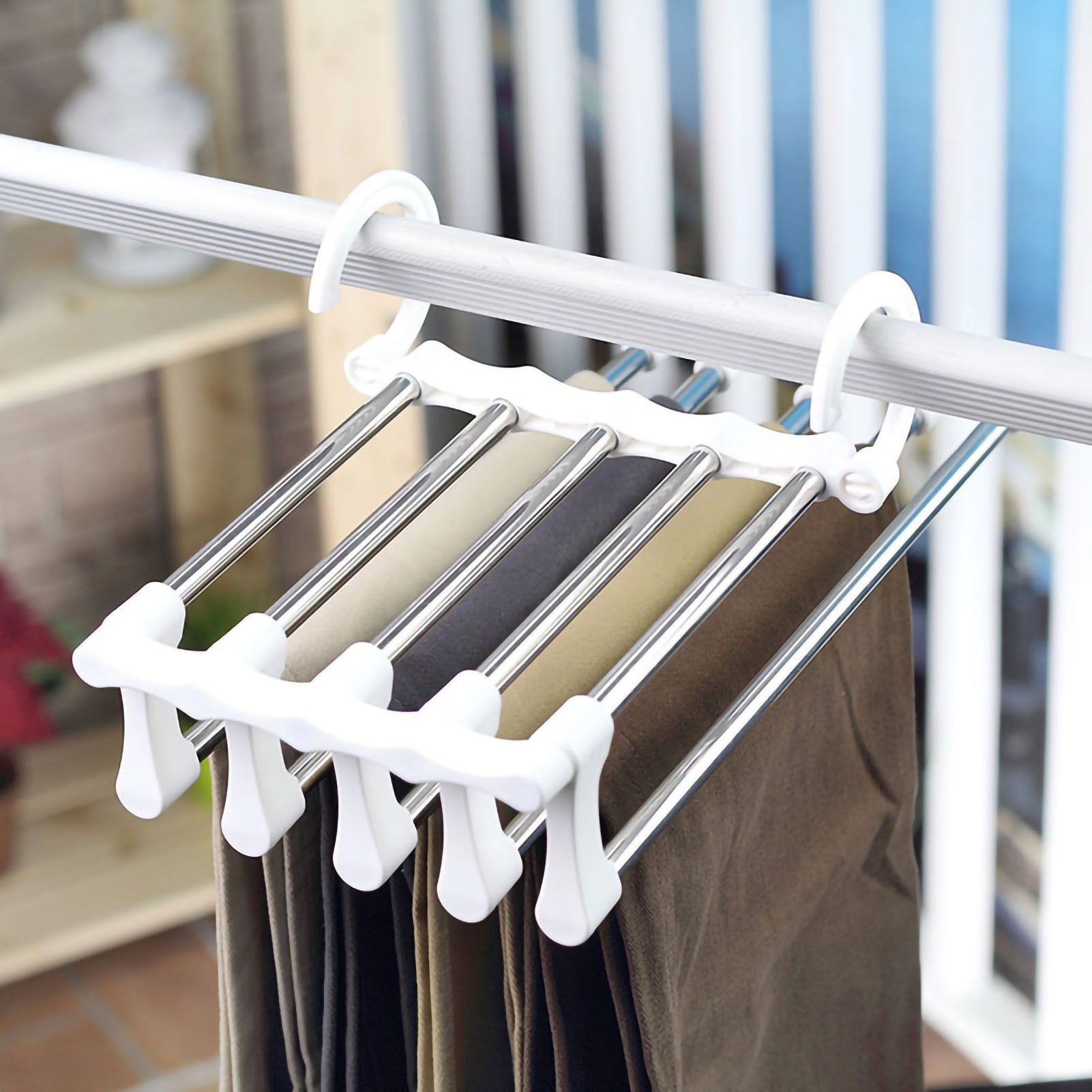 Stainless Steel Hangers Home Multifunctional Foldable Trouser Rack Retractable Trouser Storage Rack Trouser Rack White - Image 5
