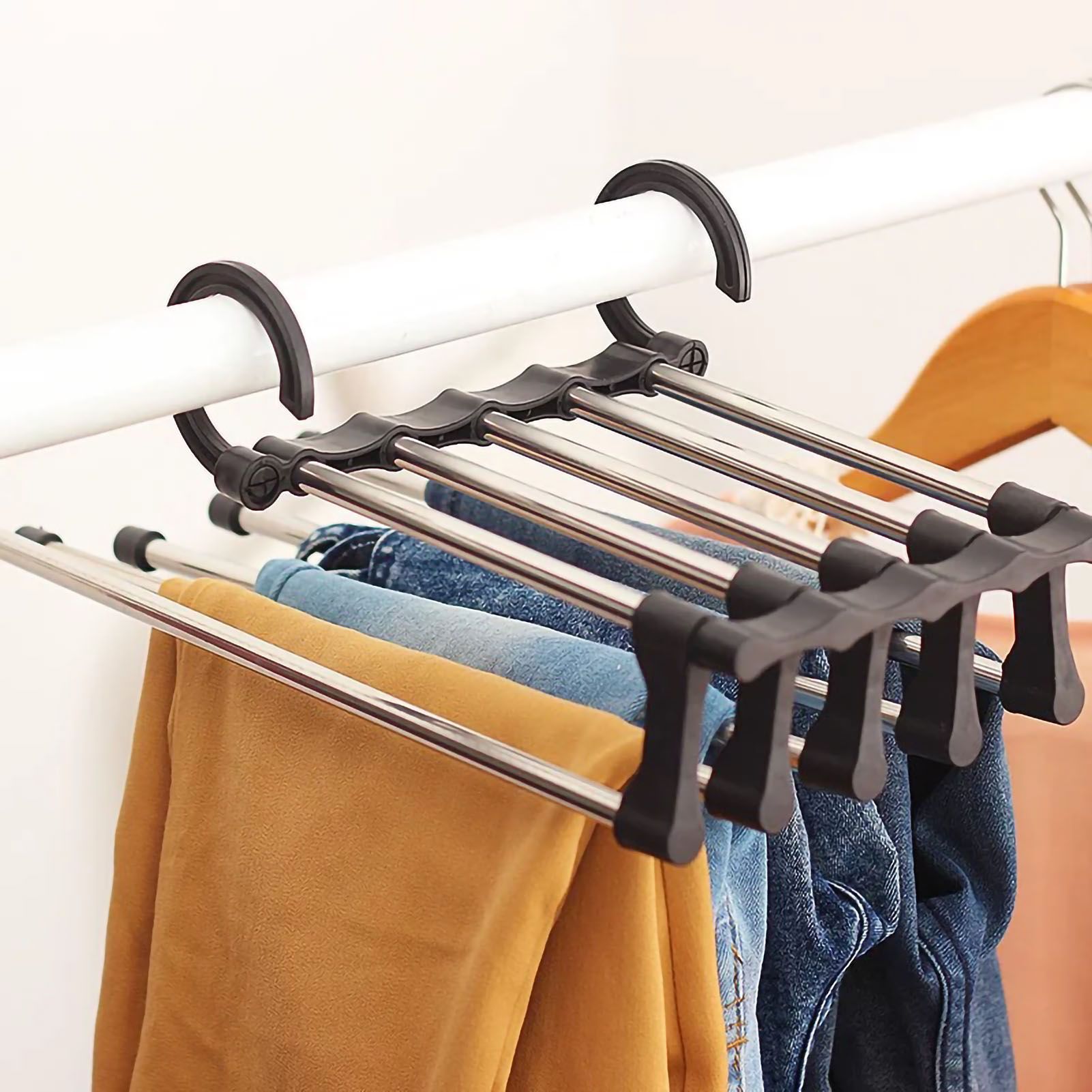 Stainless Steel Hangers Home Multifunctional Foldable Trouser Rack Retractable Trouser Storage Rack Trouser Rack Black - Image 1