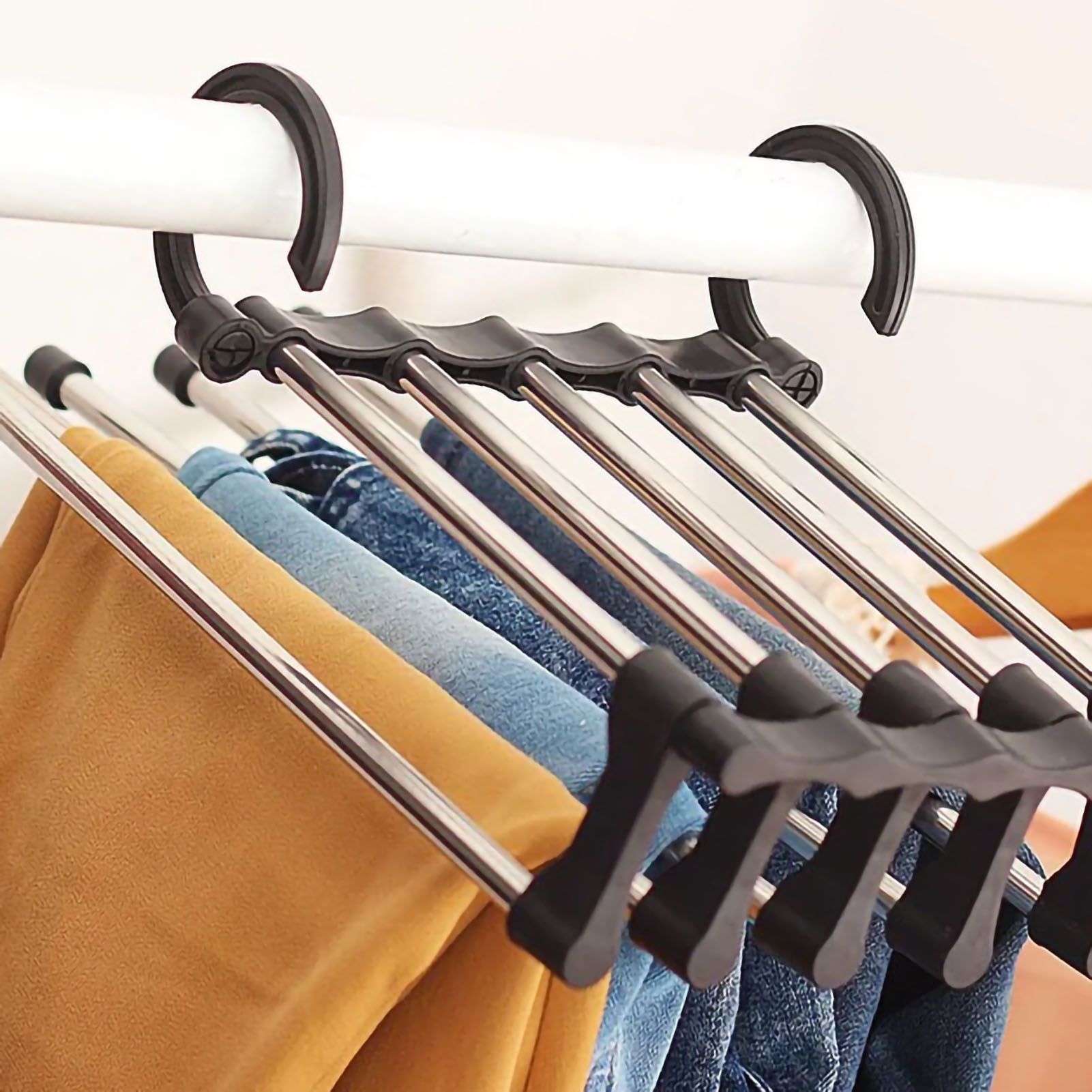 Stainless Steel Hangers Home Multifunctional Foldable Trouser Rack Retractable Trouser Storage Rack Trouser Rack Black - Image 2