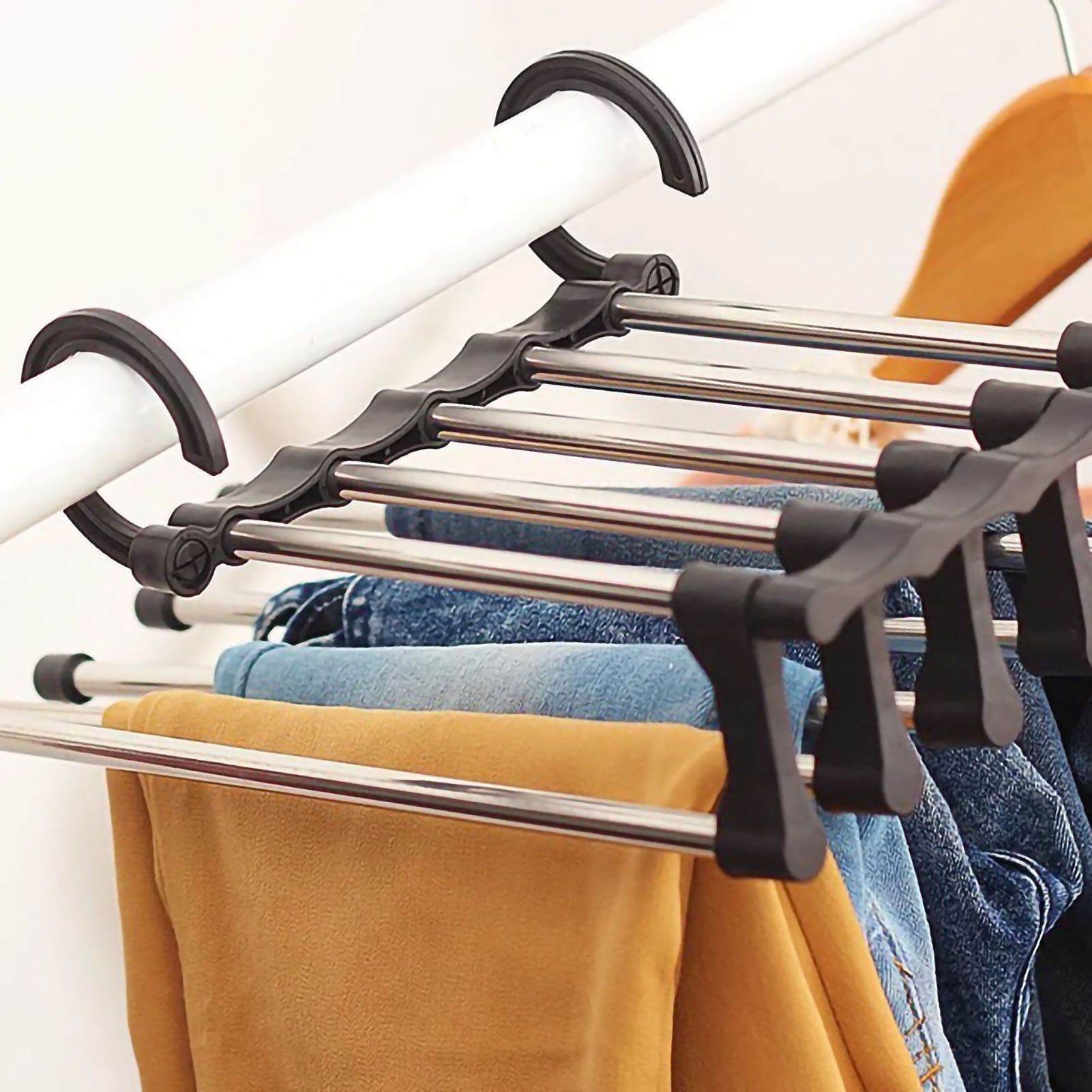 Stainless Steel Hangers Home Multifunctional Foldable Trouser Rack Retractable Trouser Storage Rack Trouser Rack Black - Image 3