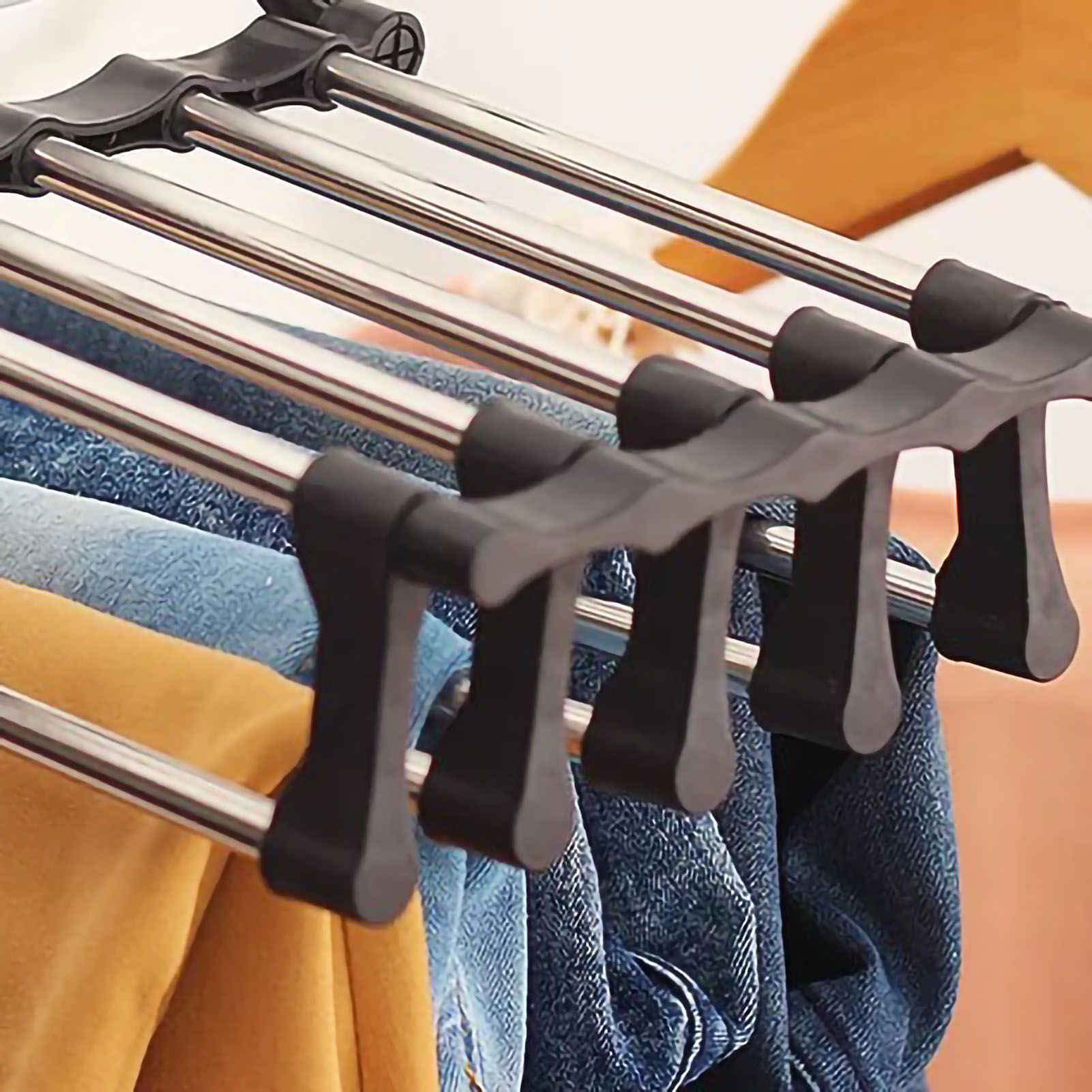 Stainless Steel Hangers Home Multifunctional Foldable Trouser Rack Retractable Trouser Storage Rack Trouser Rack Black - Image 5