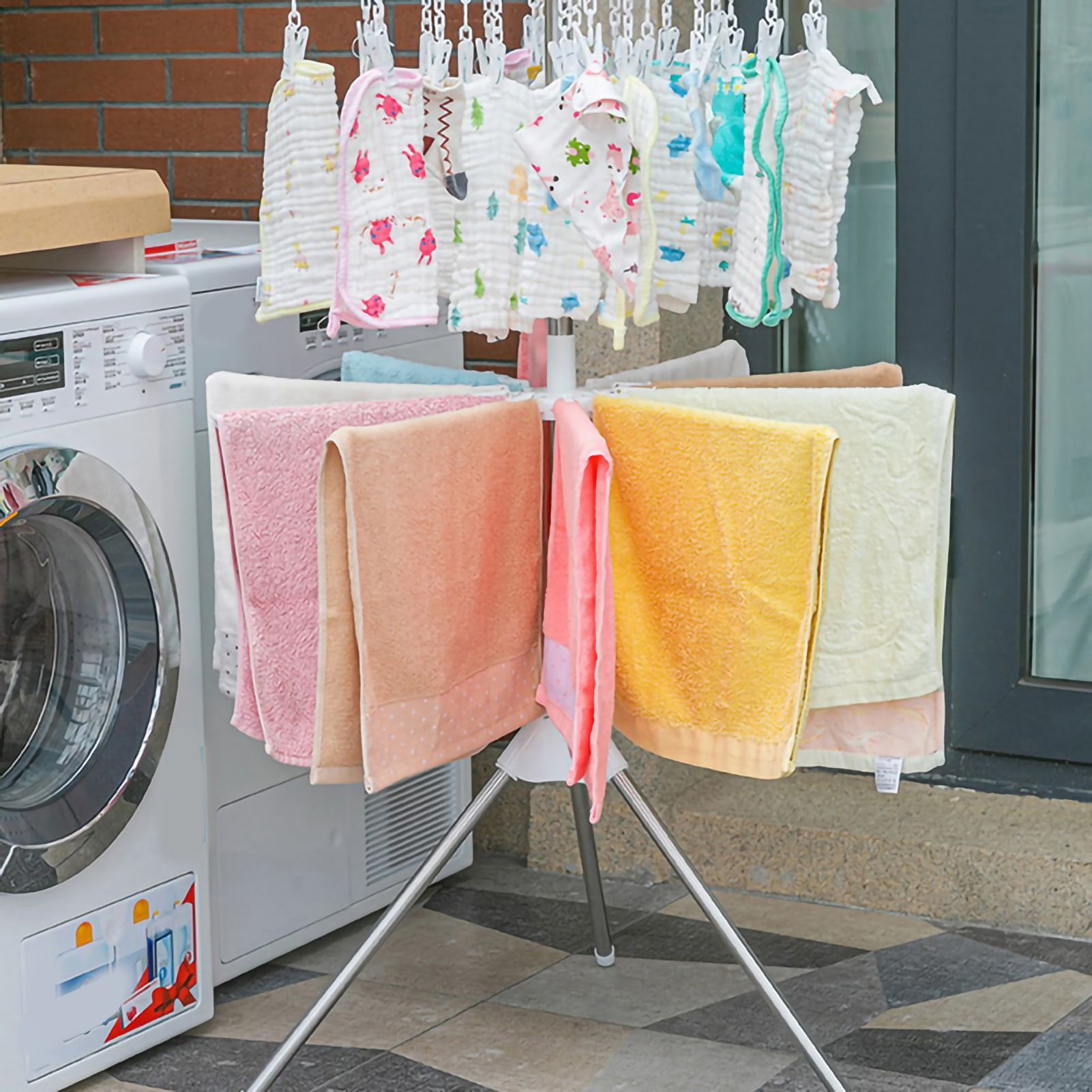 Clothes Drying Rack 360 Degree Rotating Folding Design Reliable Load Bearing Stainless Steel Laundry Accessories 2 Layer White - Image 1