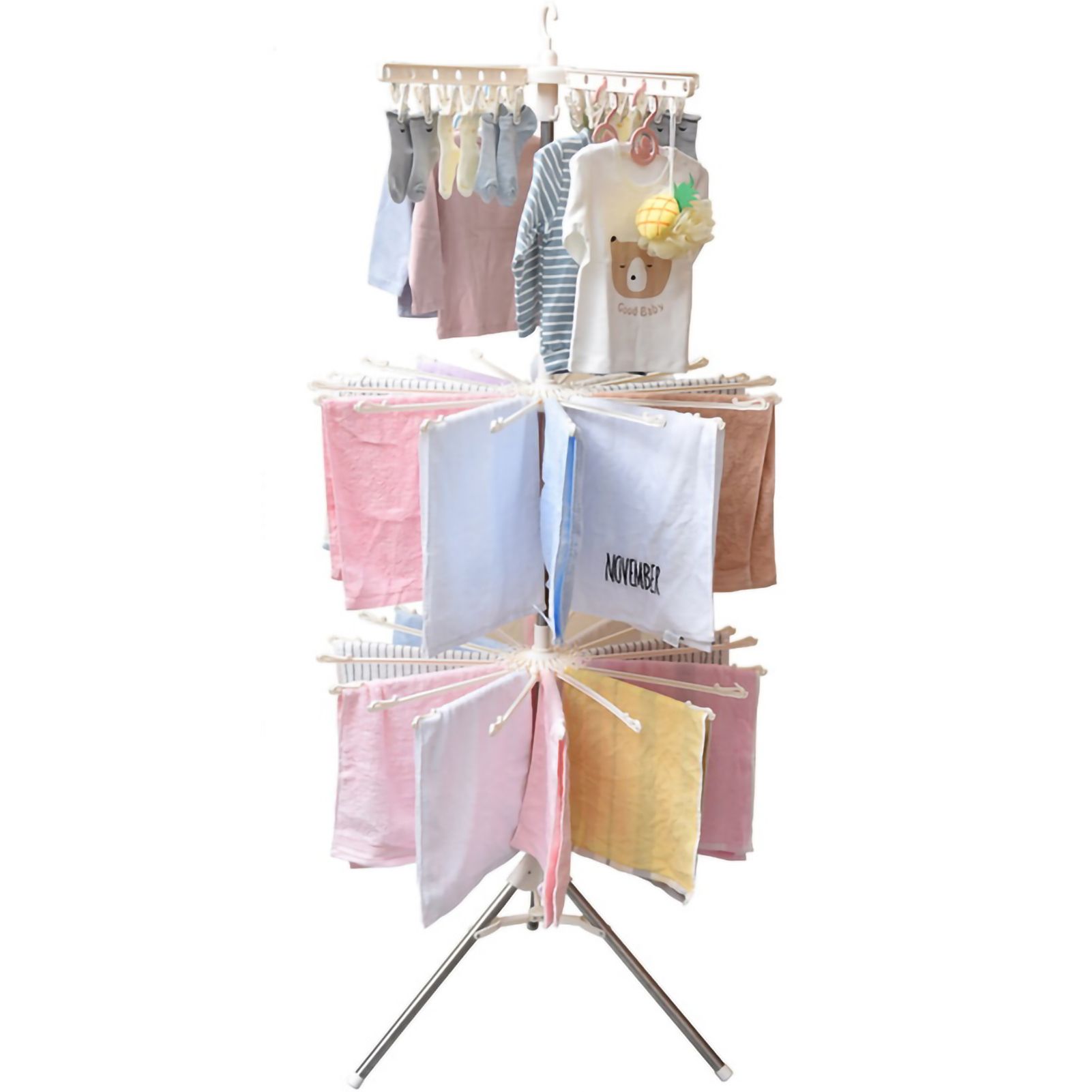 Clothes Drying Rack 360 Degree Rotating Folding Design Reliable Load Bearing Stainless Steel Laundry Accessories 3 Layer White - Image 1