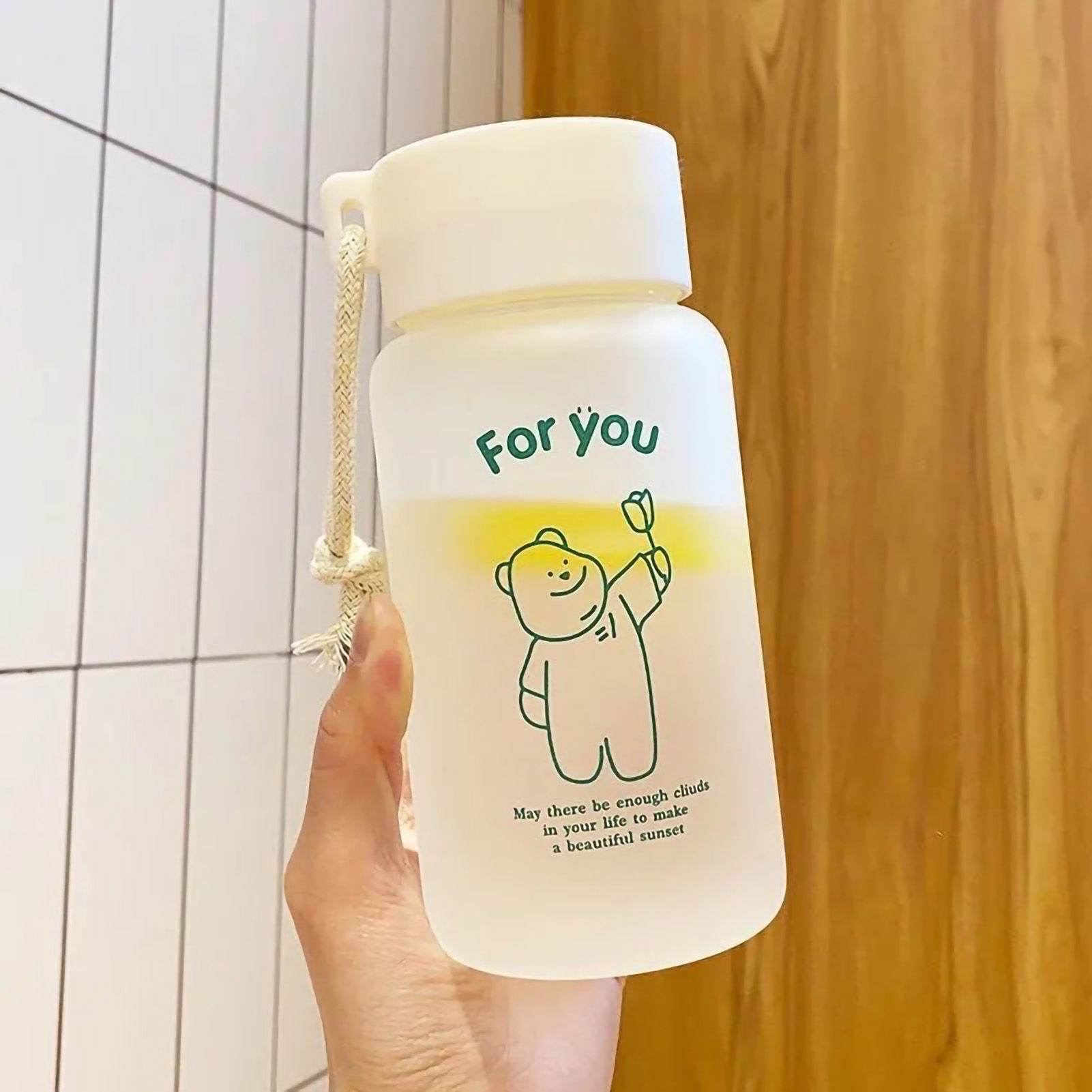 Kids Water Bottle Cute Cartoon Printing Handle Design Healthy Odorless Good Sealing Students Water Cup Green Bear - Image 1