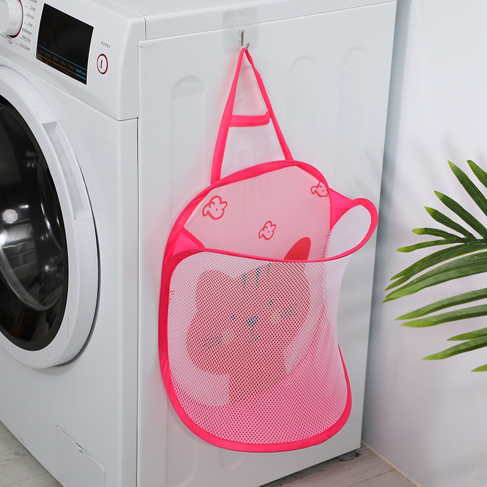 Collapsible Laundry Bag Foldable Laundry Hamper Large Laundry Basket Mesh Wall Mounted for Bathroom with Hook Pink Cat - Image 1