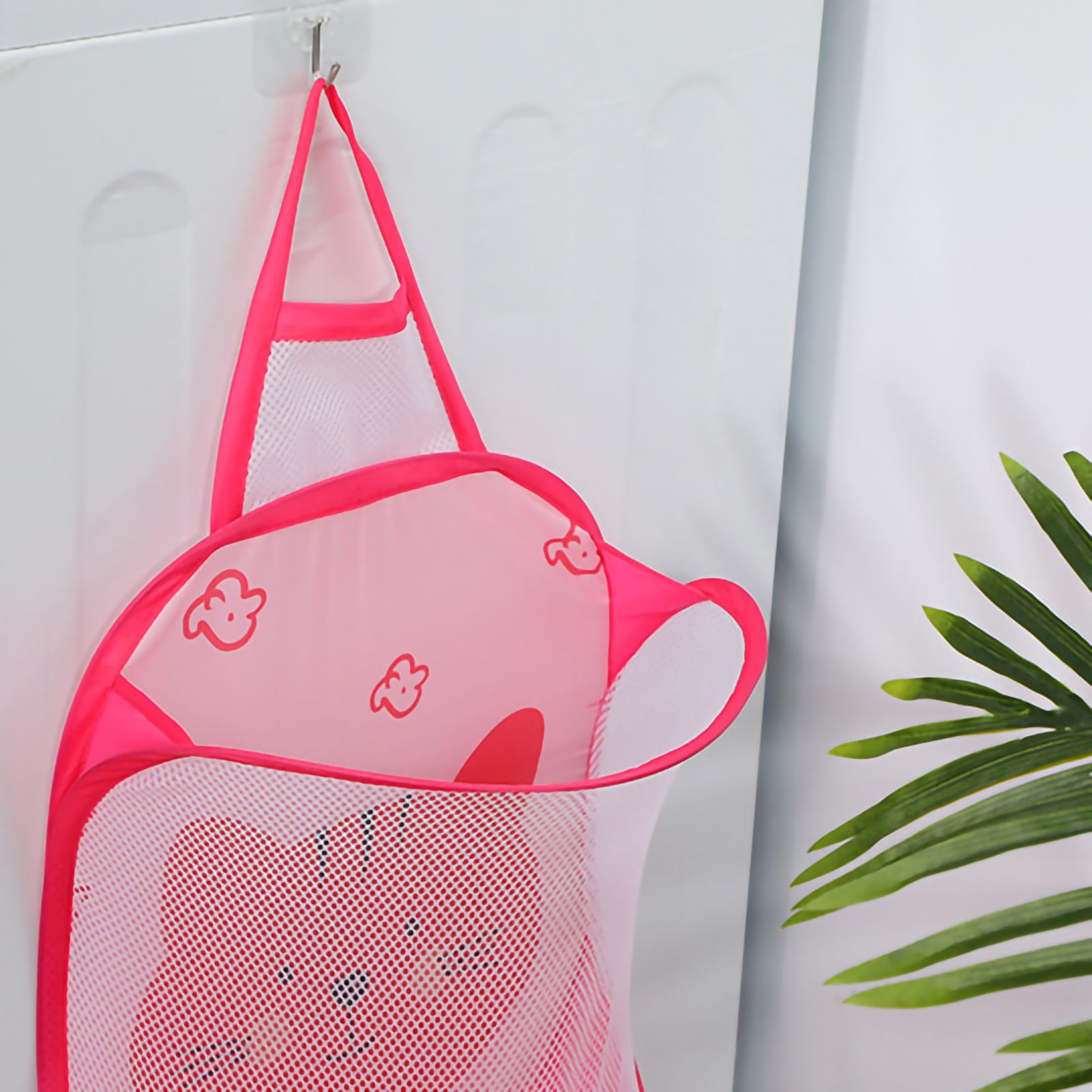 Collapsible Laundry Bag Foldable Laundry Hamper Large Laundry Basket Mesh Wall Mounted for Bathroom with Hook Pink Cat - Image 2