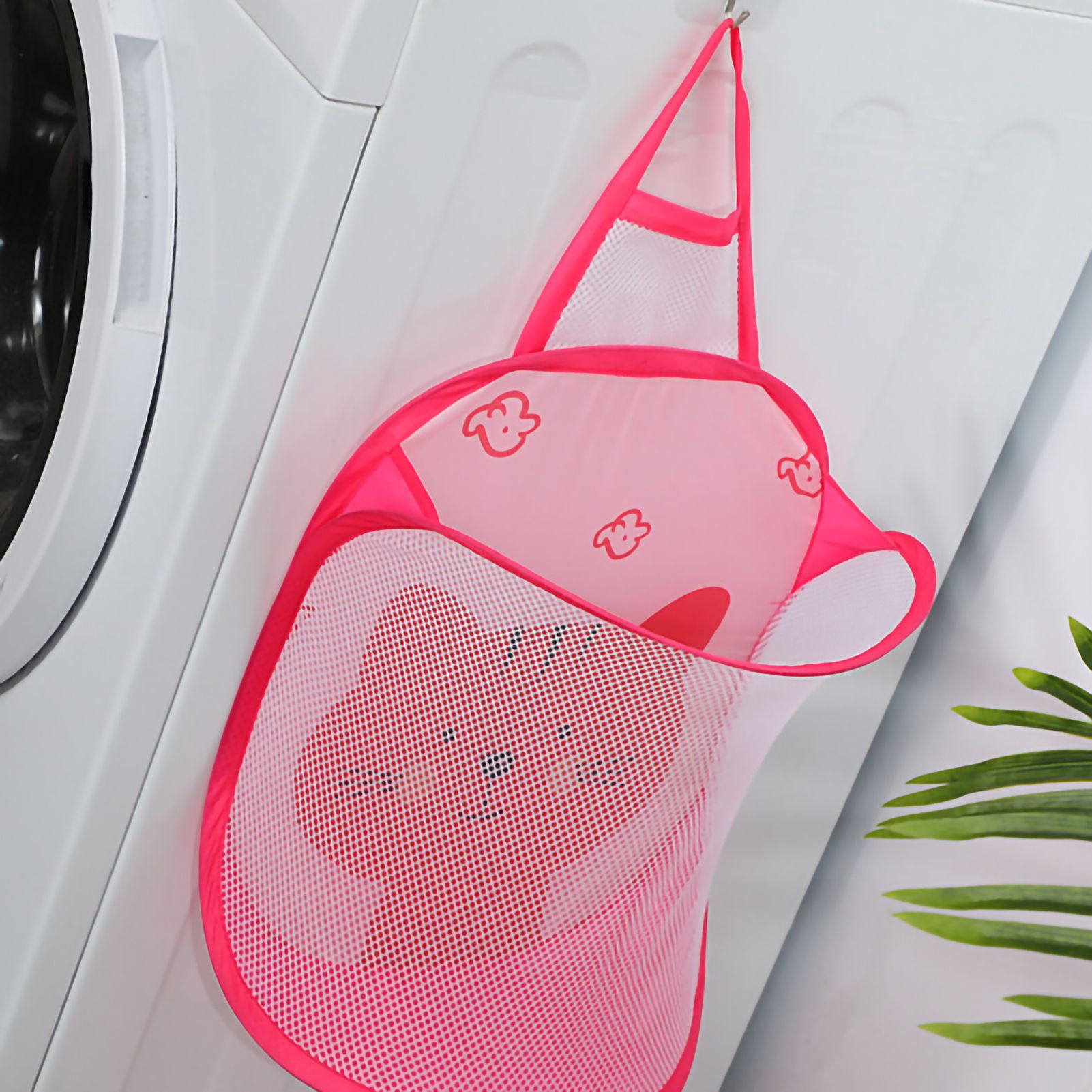 Collapsible Laundry Bag Foldable Laundry Hamper Large Laundry Basket Mesh Wall Mounted for Bathroom with Hook Pink Cat - Image 3