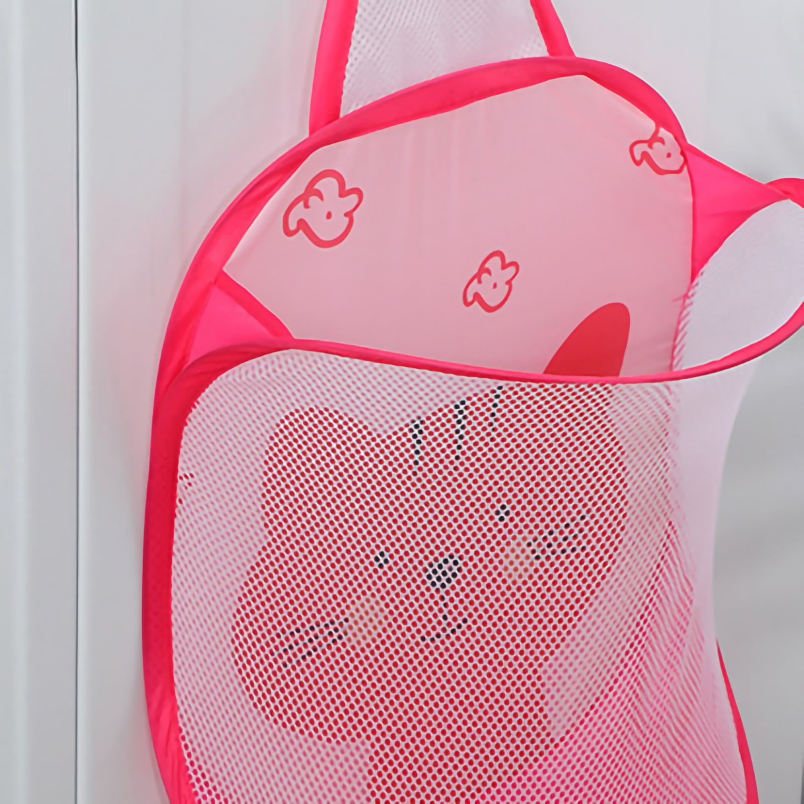 Collapsible Laundry Bag Foldable Laundry Hamper Large Laundry Basket Mesh Wall Mounted for Bathroom with Hook Pink Cat - Image 4