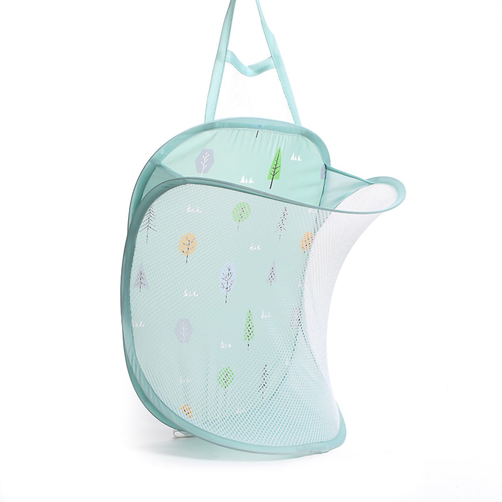 Collapsible Laundry Bag Foldable Laundry Hamper Large Laundry Basket Mesh Wall Mounted for Bathroom with Hook Green Tree - Image 1