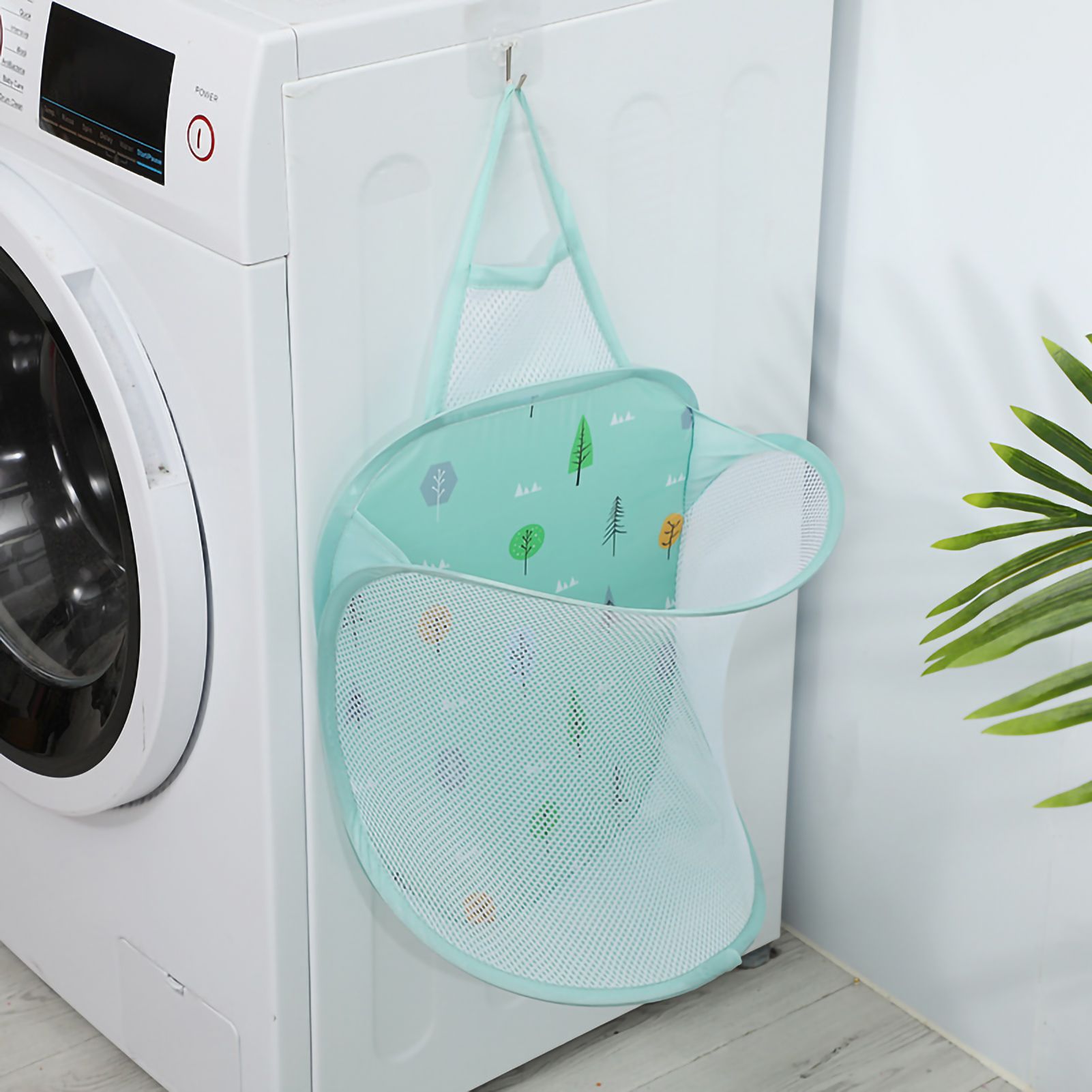 Collapsible Laundry Bag Foldable Laundry Hamper Large Laundry Basket Mesh Wall Mounted for Bathroom with Hook Green Tree - Image 4