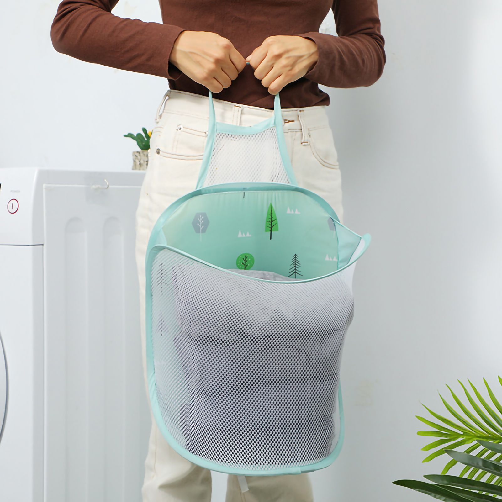 Collapsible Laundry Bag Foldable Laundry Hamper Large Laundry Basket Mesh Wall Mounted for Bathroom with Hook Green Tree - Image 5