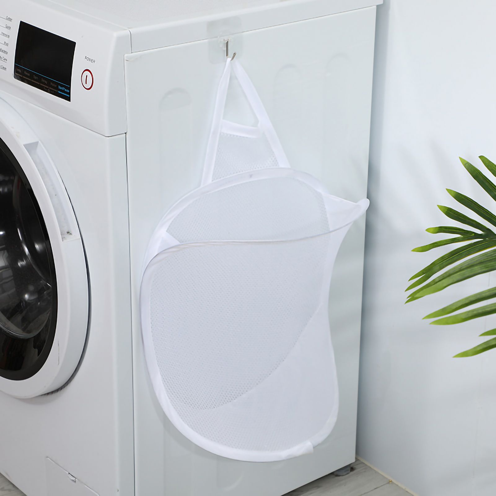 Collapsible Laundry Bag Foldable Laundry Hamper Large Laundry Basket Mesh Wall Mounted for Bathroom with Hook White Mesh - Image 1
