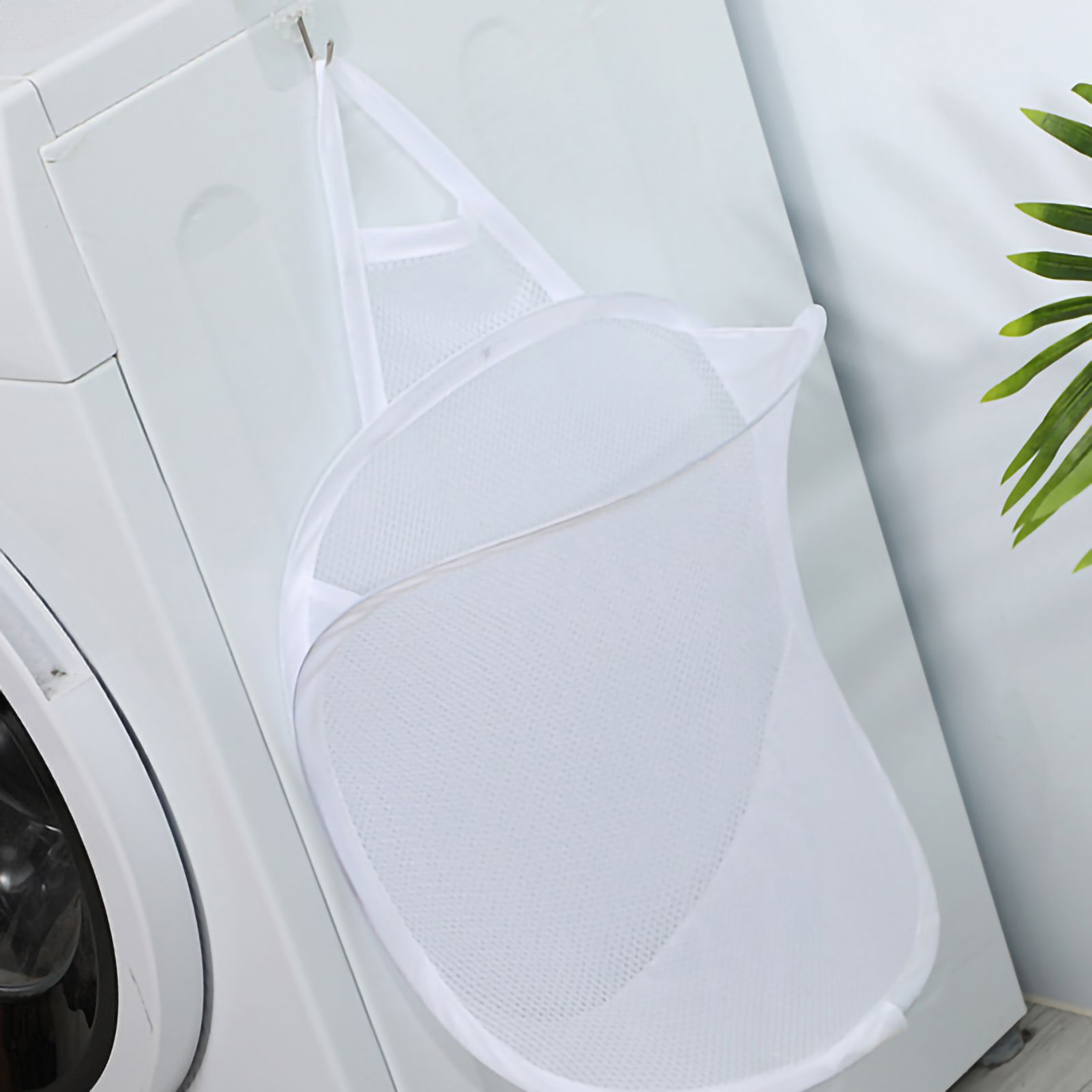 Collapsible Laundry Bag Foldable Laundry Hamper Large Laundry Basket Mesh Wall Mounted for Bathroom with Hook White Mesh - Image 2