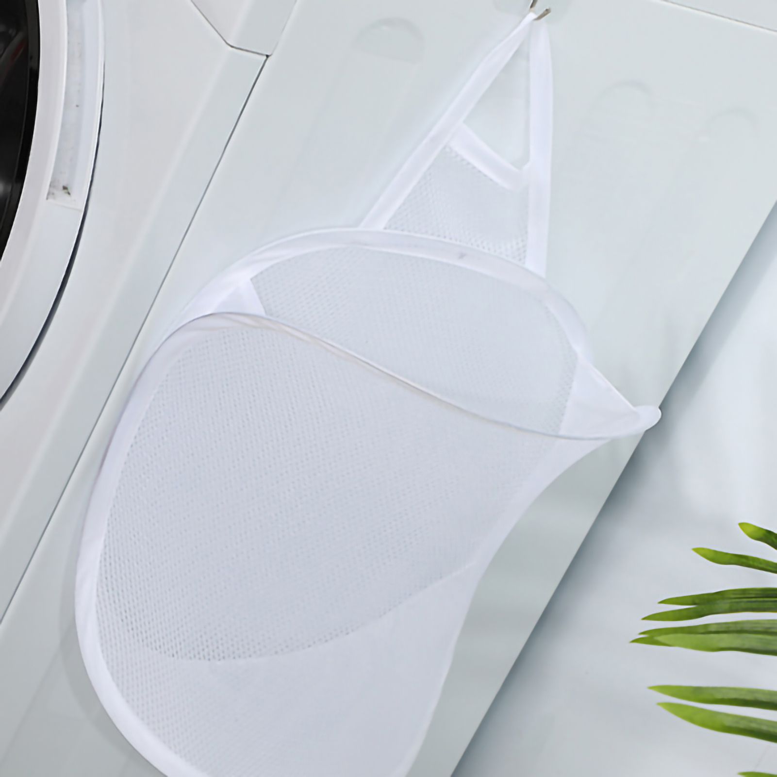 Collapsible Laundry Bag Foldable Laundry Hamper Large Laundry Basket Mesh Wall Mounted for Bathroom with Hook White Mesh - Image 3