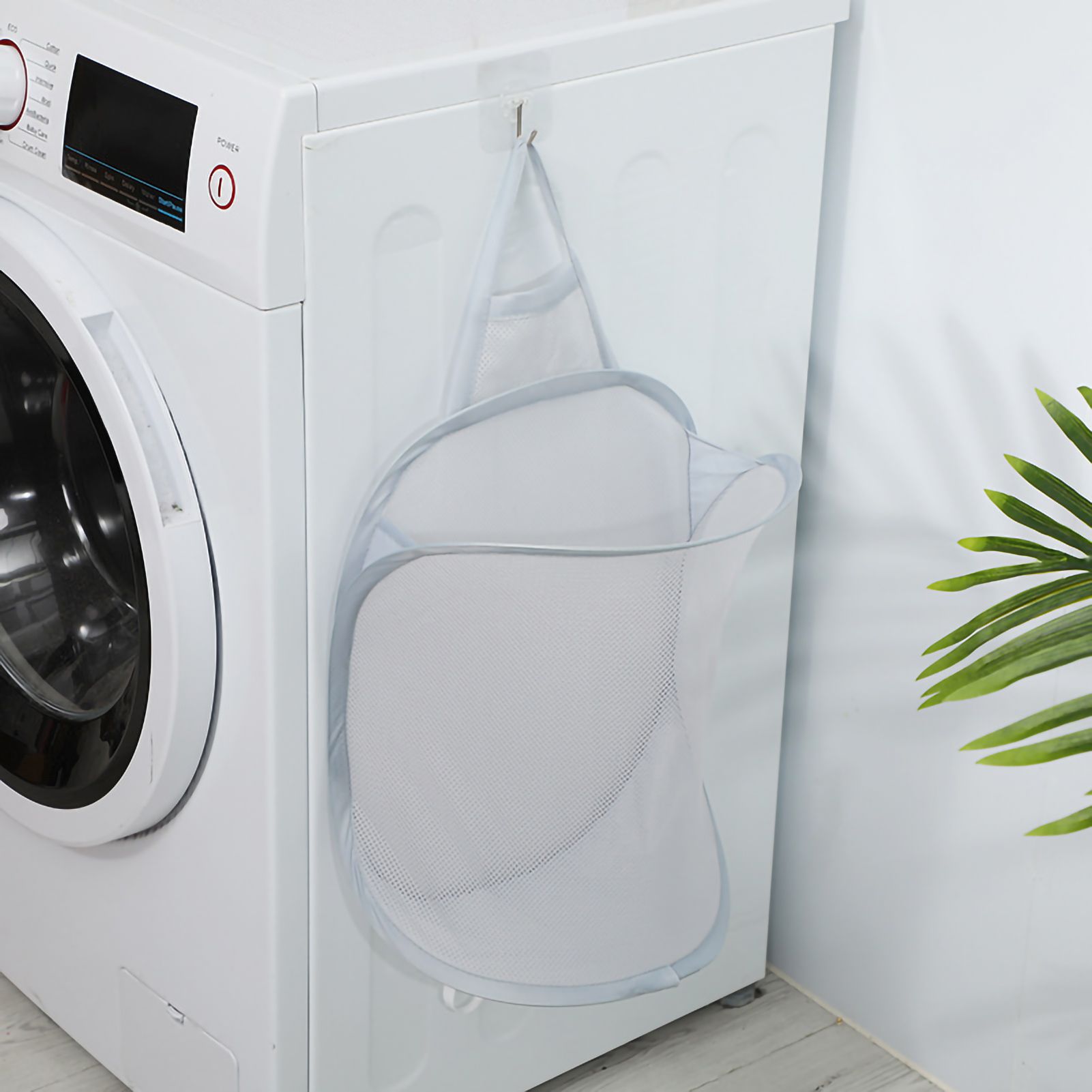 Collapsible Laundry Bag Foldable Laundry Hamper Large Laundry Basket Mesh Wall Mounted for Bathroom with Hook Grey Mesh - Image 1
