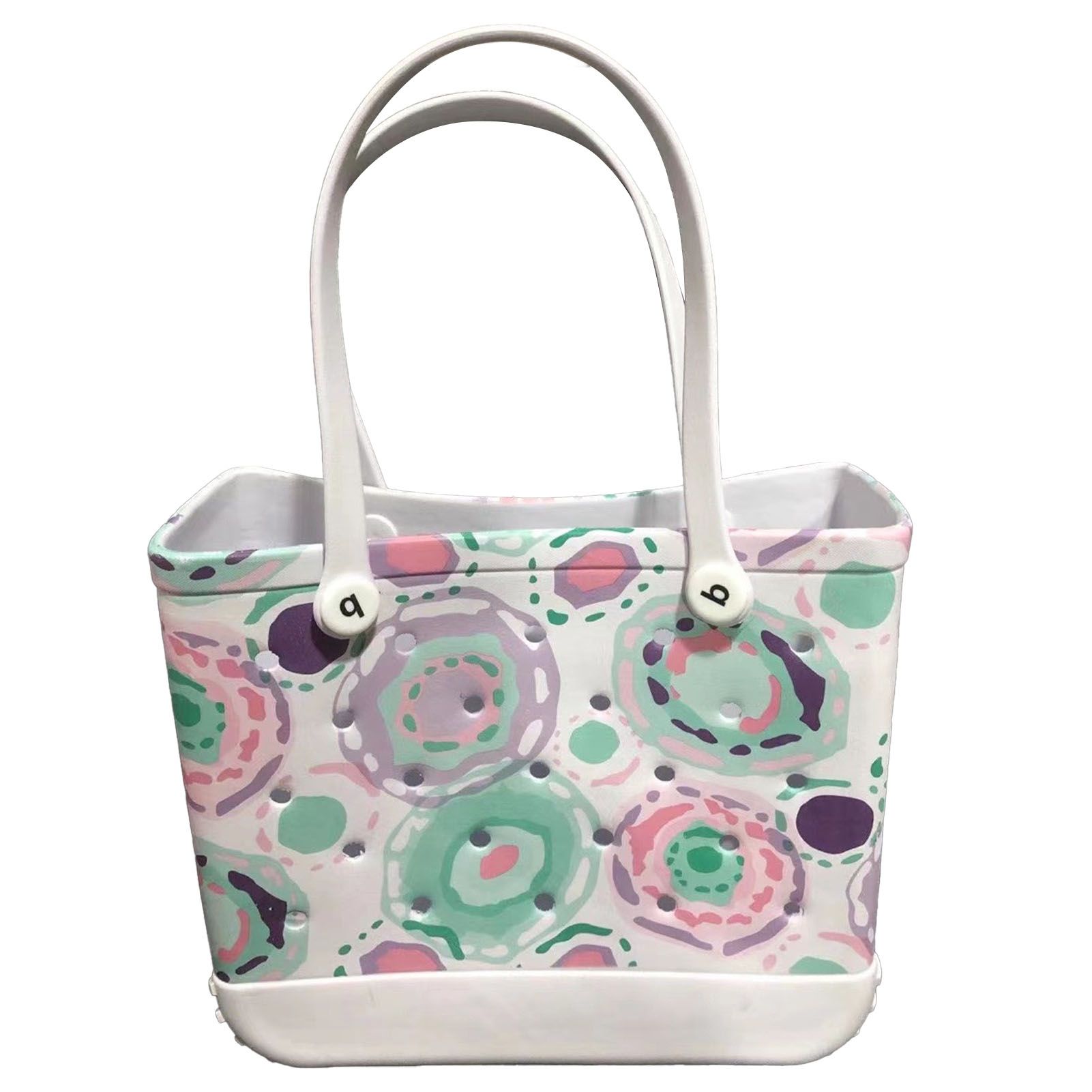 Women Storage EVA Handbag Hole Design Beach Casual Bag for Outdoor Sport Shopping Traveling White Print Small - Image 1