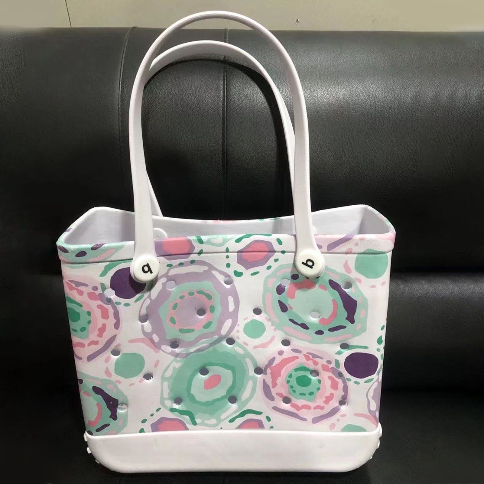Women Storage EVA Handbag Hole Design Beach Casual Bag for Outdoor Sport Shopping Traveling White Print Small - Image 2