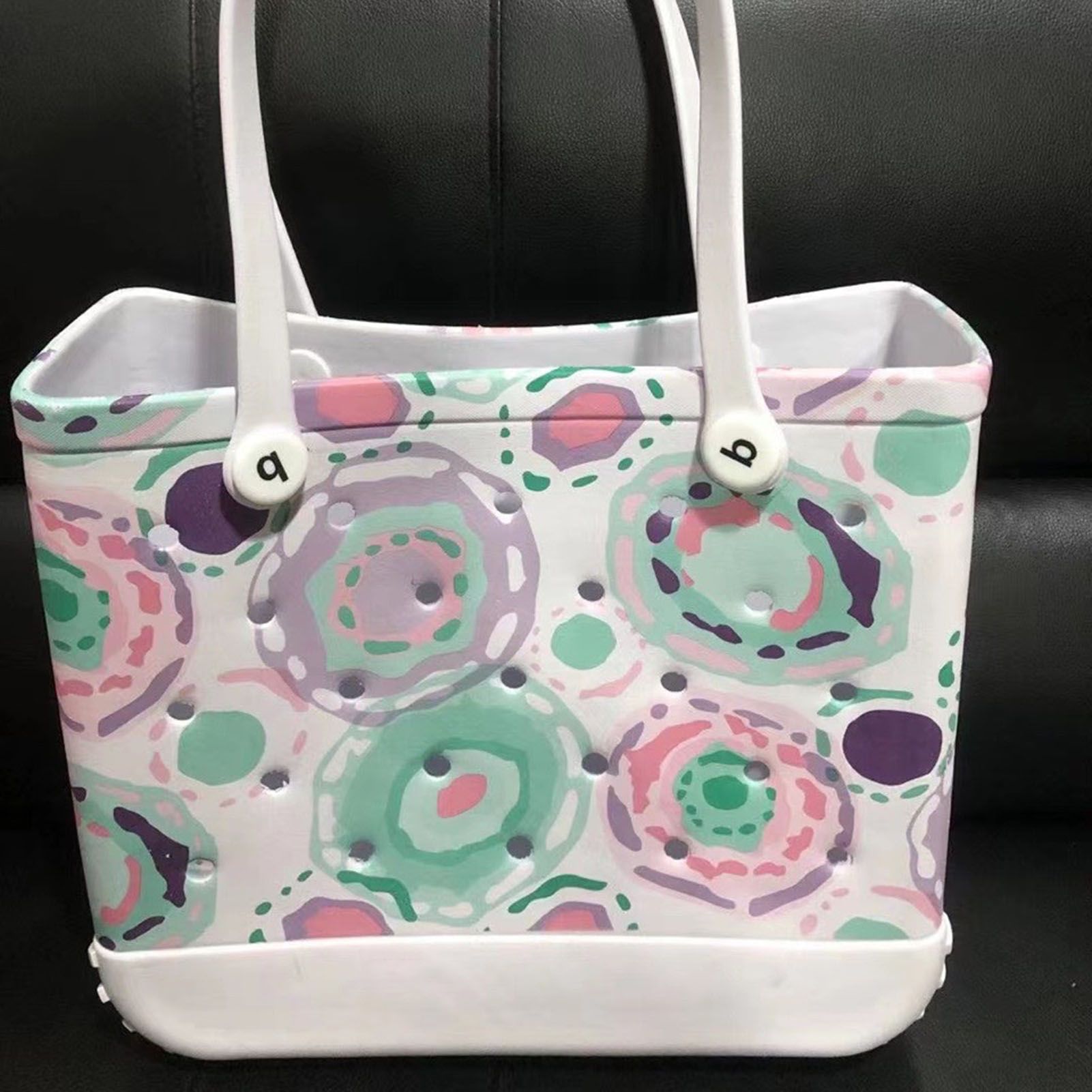 Women Storage EVA Handbag Hole Design Beach Casual Bag for Outdoor Sport Shopping Traveling White Print Small - Image 3