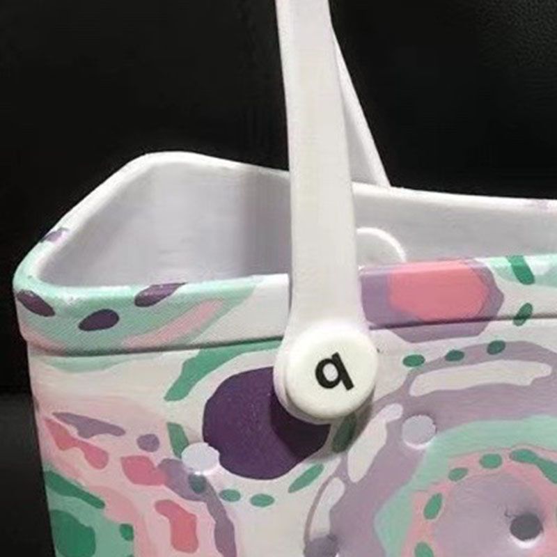 Women Storage EVA Handbag Hole Design Beach Casual Bag for Outdoor Sport Shopping Traveling White Print Small - Image 4
