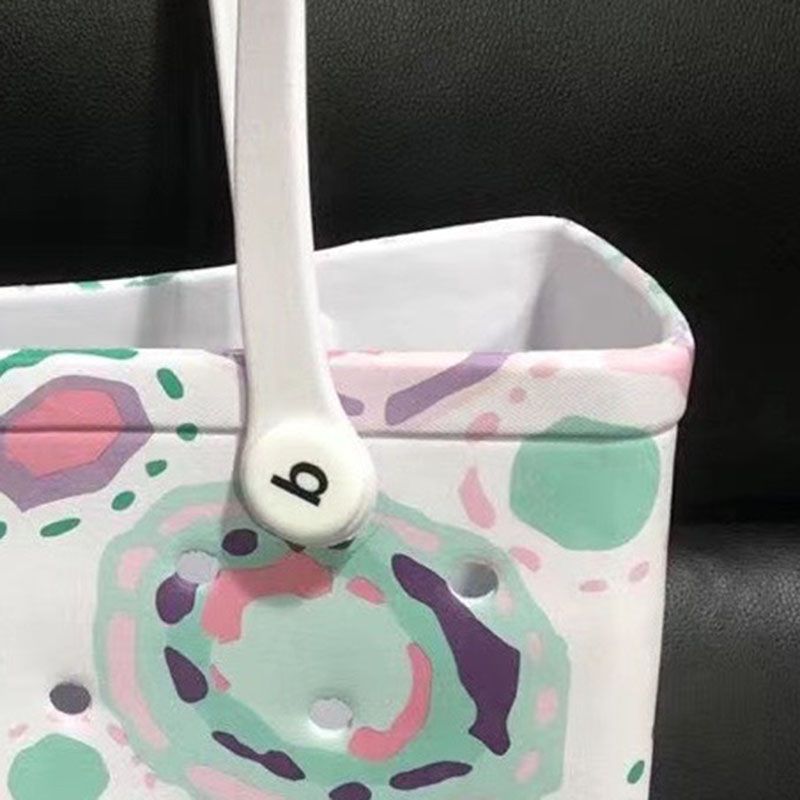 Women Storage EVA Handbag Hole Design Beach Casual Bag for Outdoor Sport Shopping Traveling White Print Small - Image 5