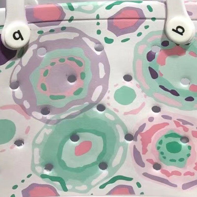 Women Storage EVA Handbag Hole Design Beach Casual Bag for Outdoor Sport Shopping Traveling White Print Small - Image 6